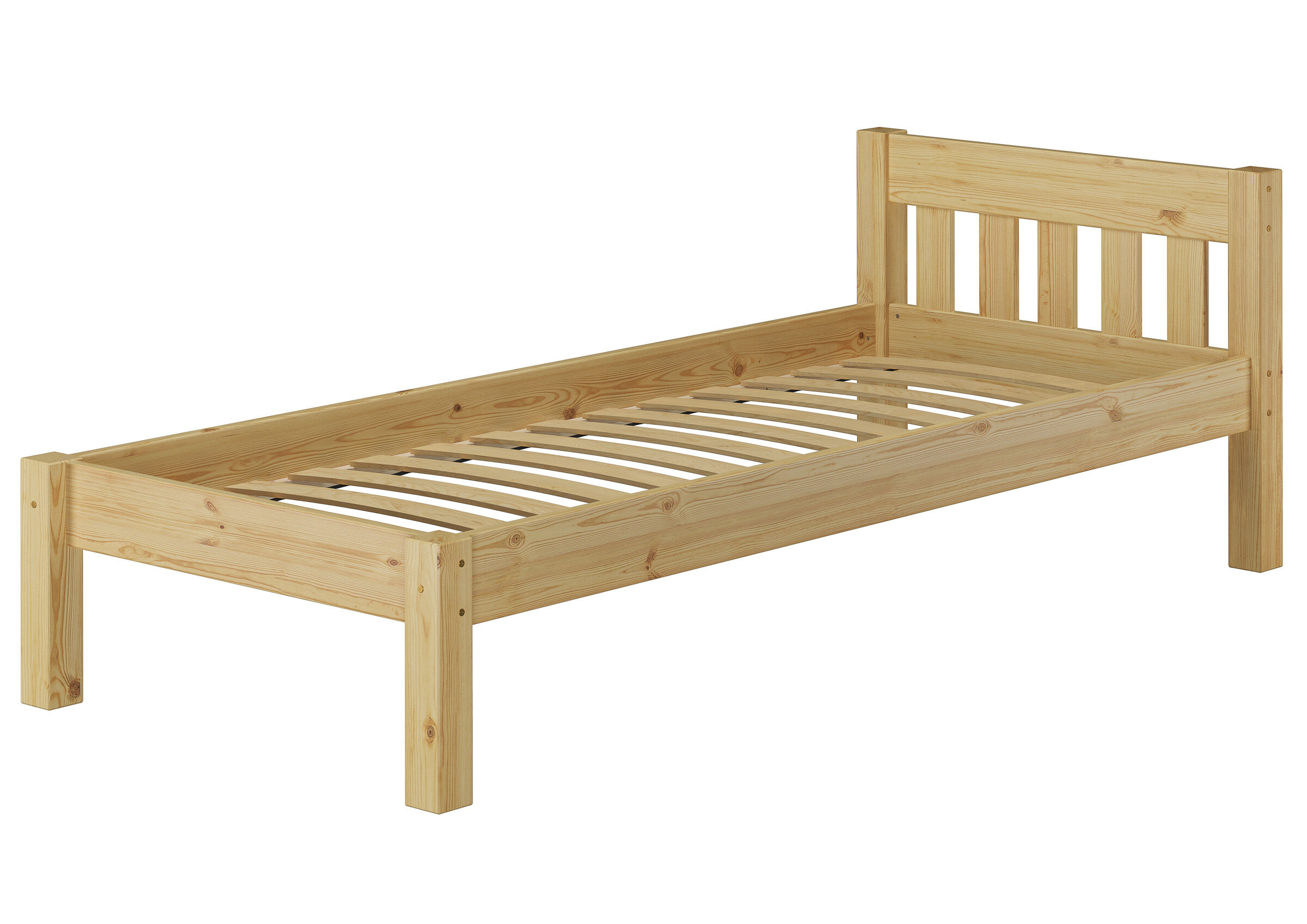 Holzbett, Einzelbett, Lattenrost, Naturholz, Kopfteil-Railings, Gästebett Kiefer natur mit Rollrost