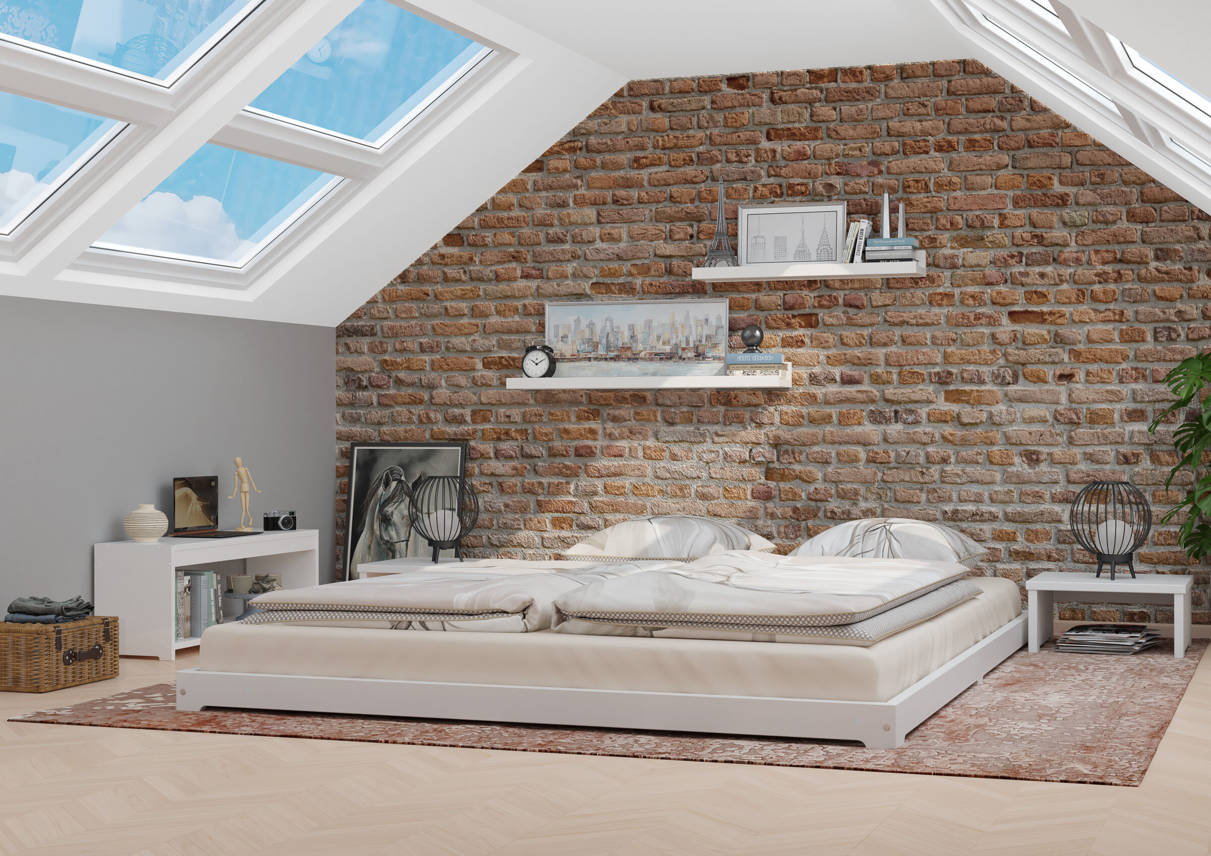 Bett, Bettboden, Ziegelwand, Schlafzimmer-Einrichtung, Deko-Skulptur, Dachgeschosszimmer mit niedrigem Bett