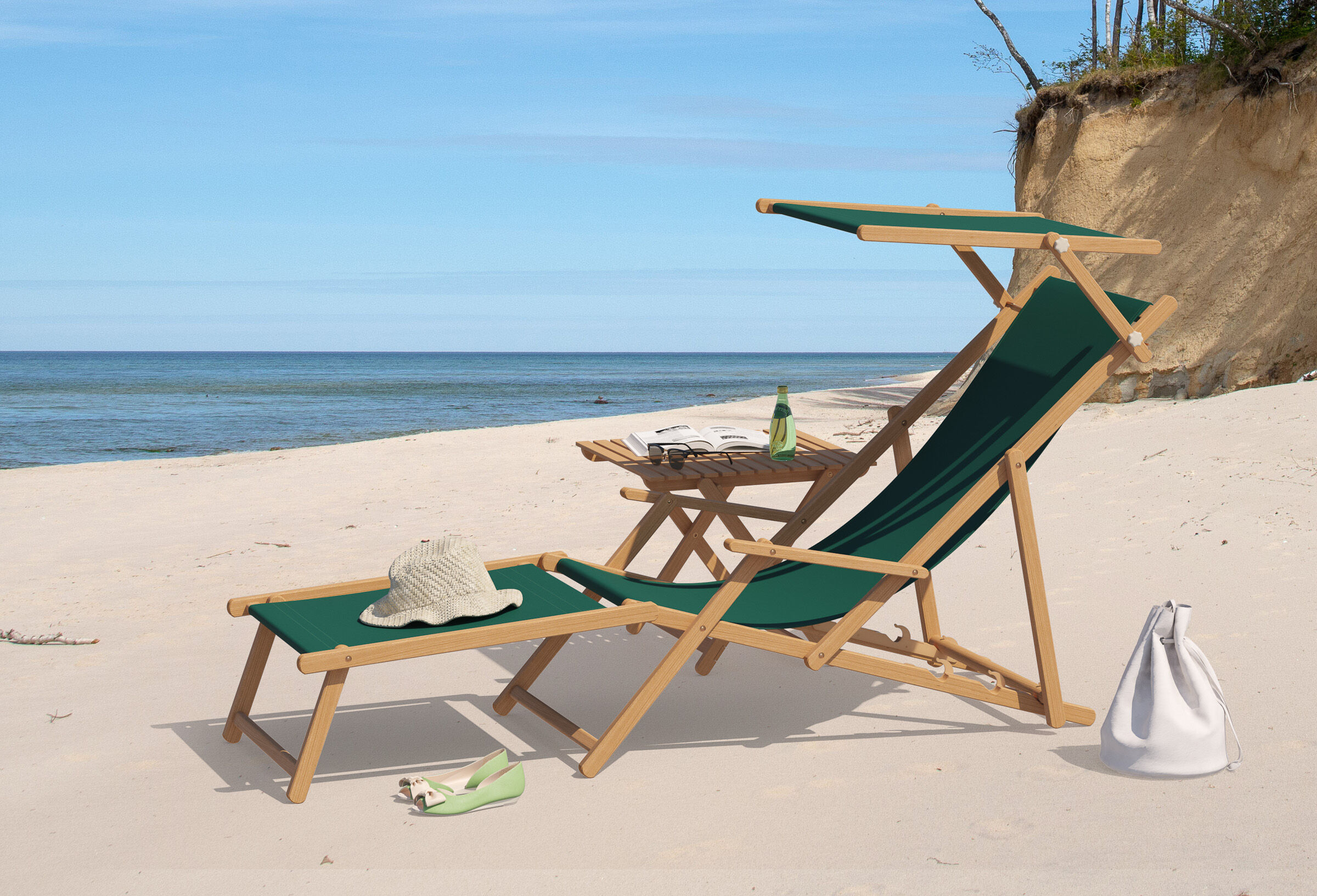 Strandkorb, Sonnenliege, Sonnenbrille, Weißer Beutel, Sommer, Gartenstuhl mit Sonnendach Fußteil und Stofffarbe grün