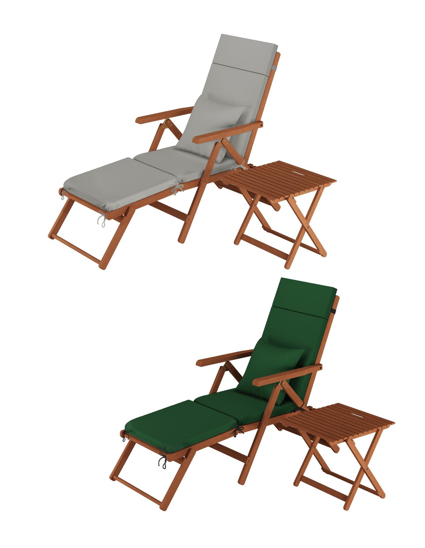Sonnenliege, Gartenmöbel, Holzgestell, Auflage, Klappstuhltable, Gartenliege mit Tisch Polster und Kissen je nach Wahl grau oder grün