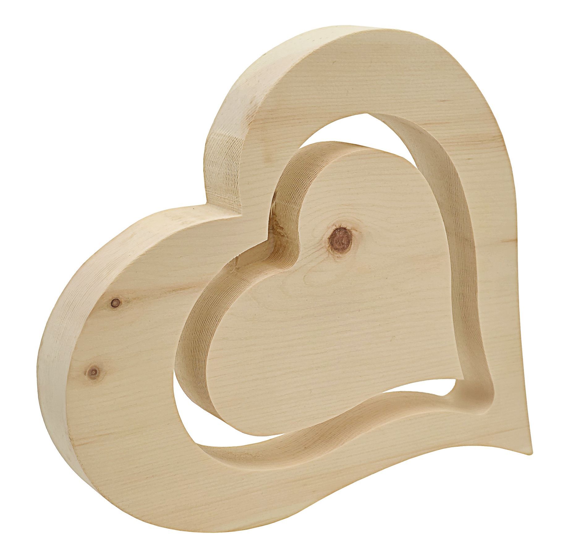 Holzdeko, Herzformen, Wanddeko, naturholz, Holzschnitt, Detailbild des Zirben Herzens mit leerer Einkerbung