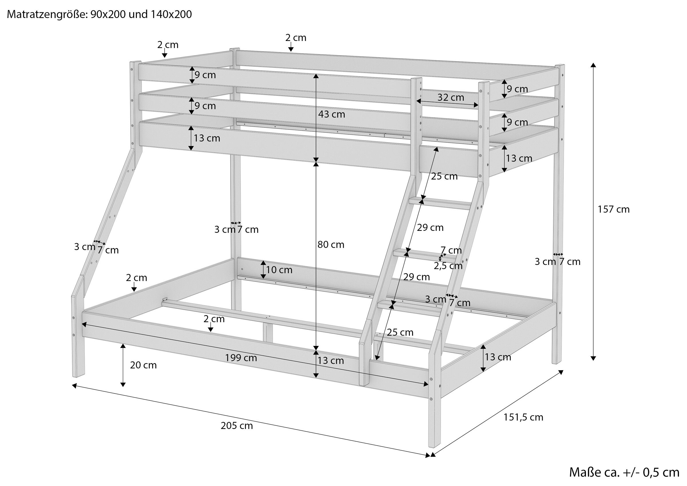 Maßskizze des Etagebettes Moebel, Bett, Hochbett, Handlung, Krippe, Erwachsenen-Stockbett mit Maßen