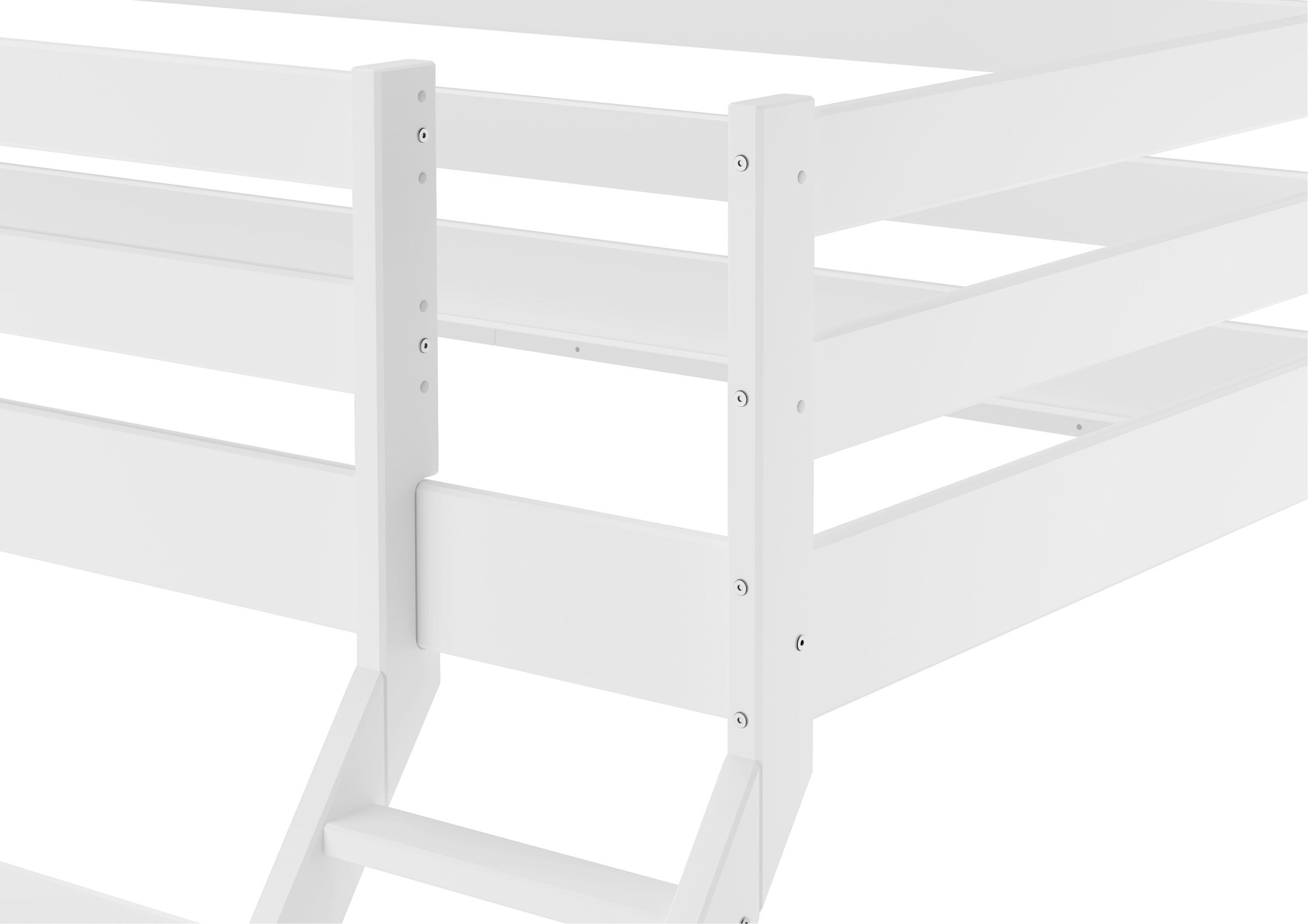 Obere Etage des weißen Etagebettes im Detail Krippe, Mobiliar, Bett für Säuglinge, Detailbild des weißen Stockbettes