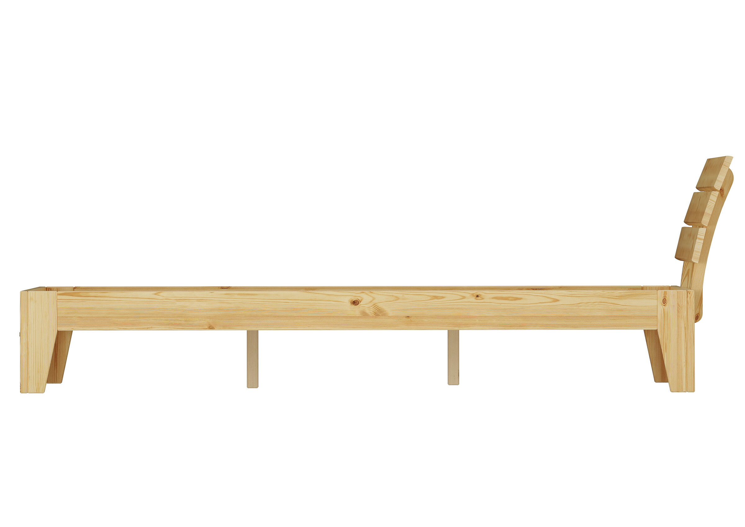 Holzbett, Lattenrost, Kopfteil, Holzfarbehell, eingebrannteHolzmaserung, Seitenansicht Futonbett Kiefer natur