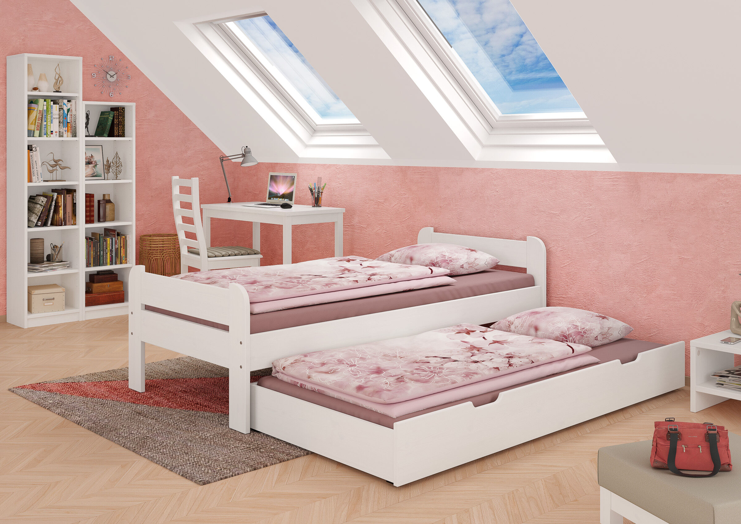 bett, juniorbett, holzbett, rosafarben, schreibtisch, Holzbett Kiefer weiß