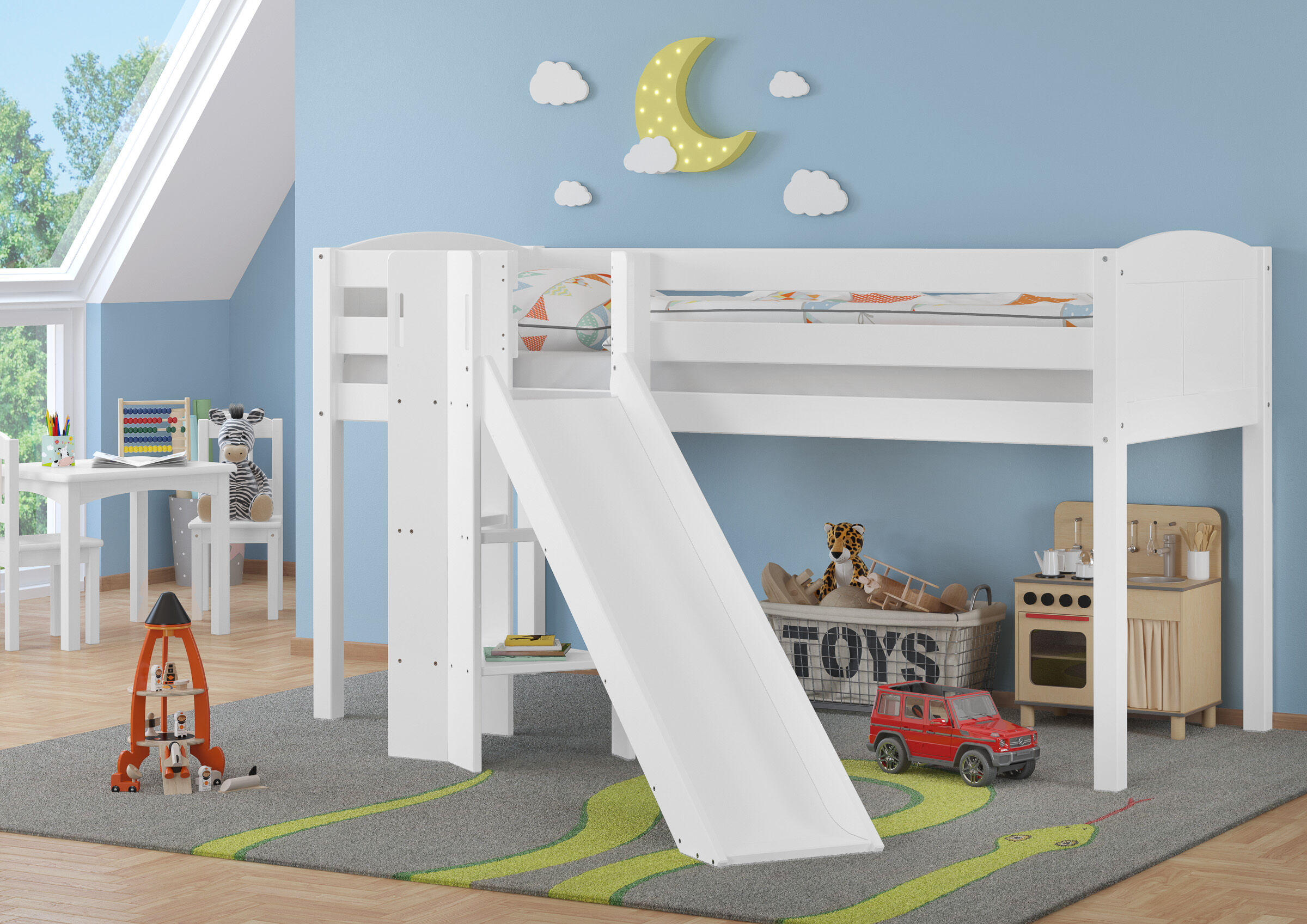 Hochbett, Kinderzimmer, Holz, weiß, Rutsche, Spielbett für Kinder