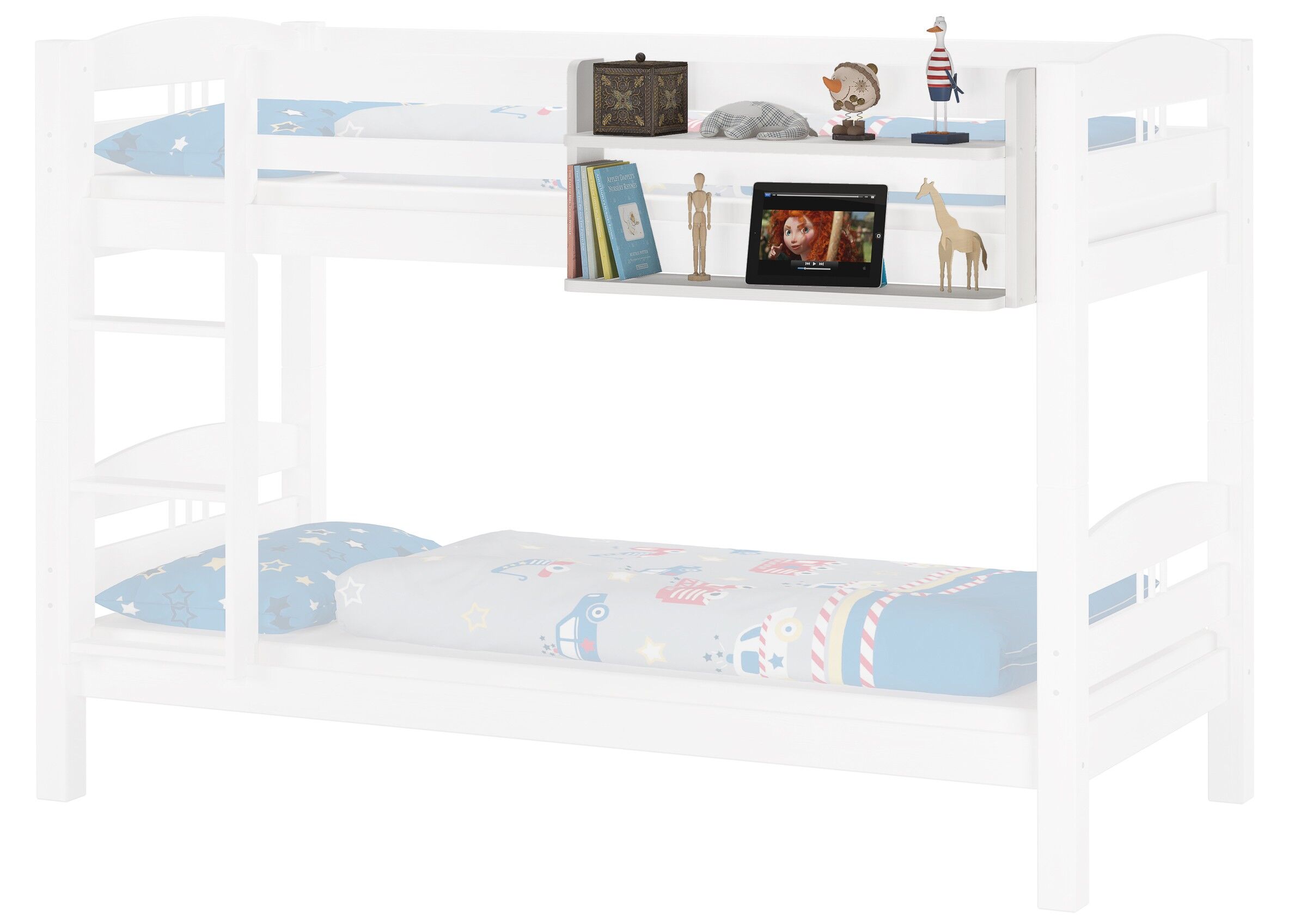 Etagenbett, Hochbett, Bett+Aufbau, weißes Holz, Ausziehregal, Etagenbett weiß kiefer mit Leiter links mit Zubehör