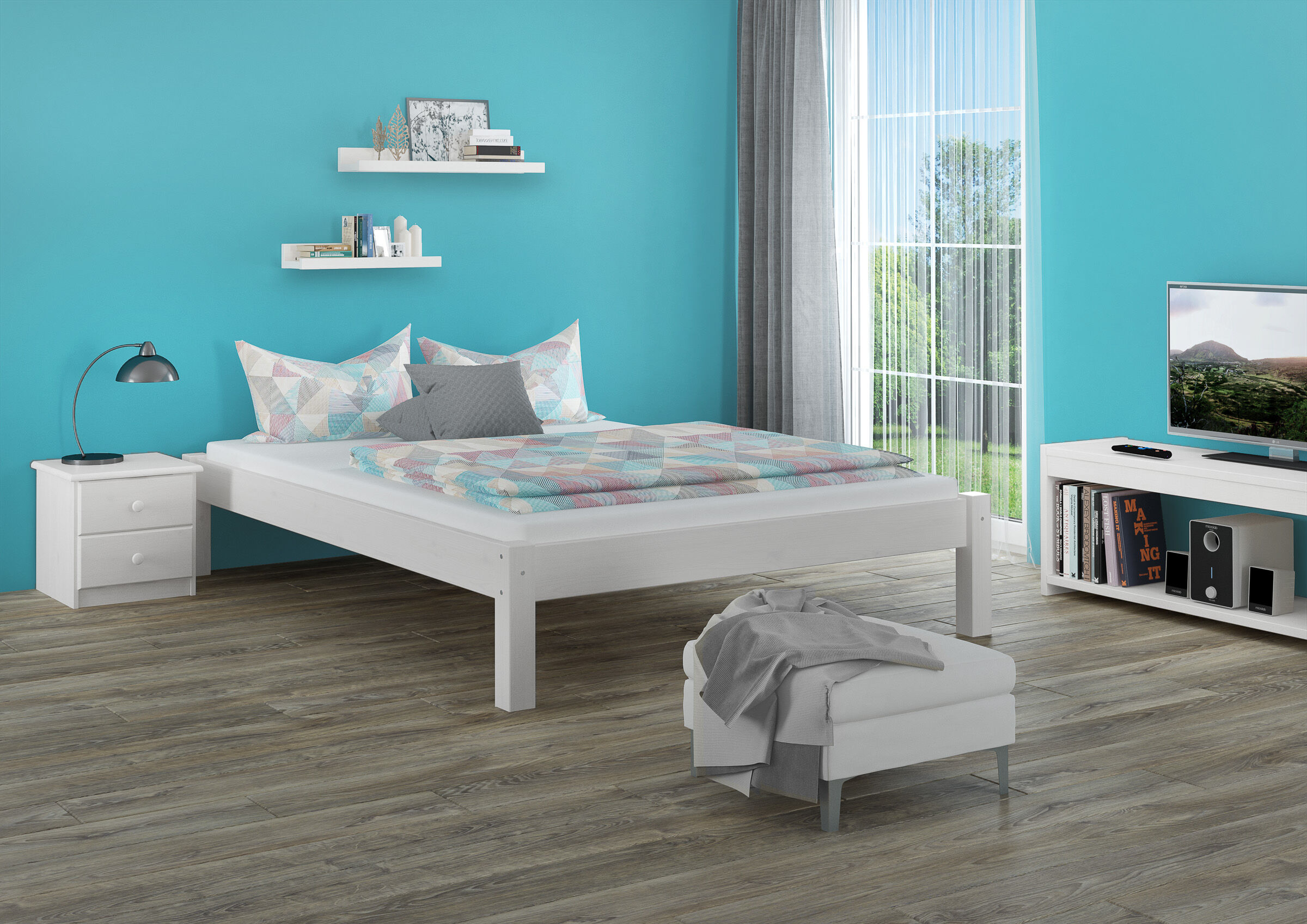 bett, bettgestell, himmelbett, bettwäsche, deko wände, Jugendzimmer mit Futonbett Kiefer waschweiß