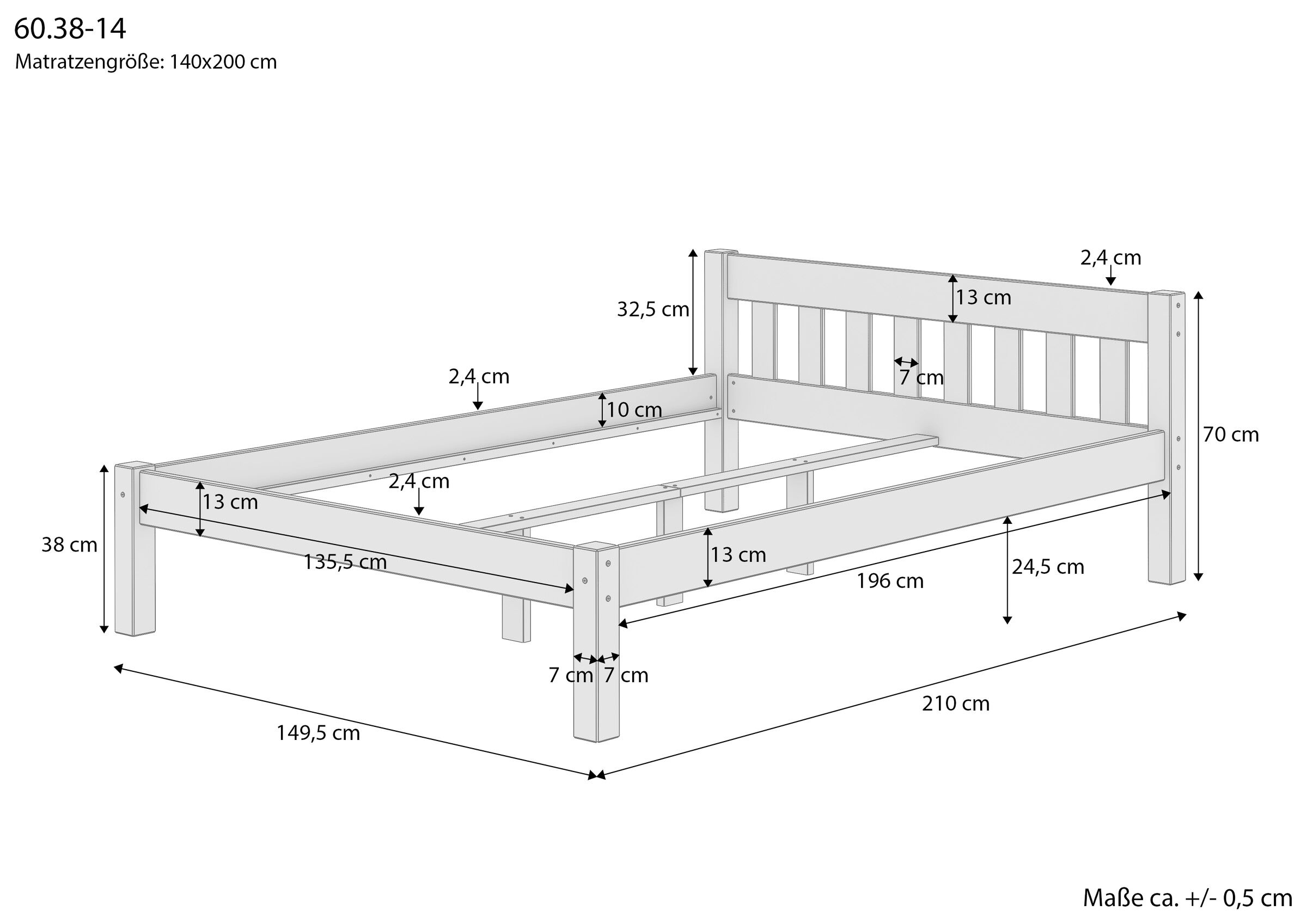 bettgestell, holzbettrahmen, einzelbett, holzoptik, maßangaben, Maßskizze