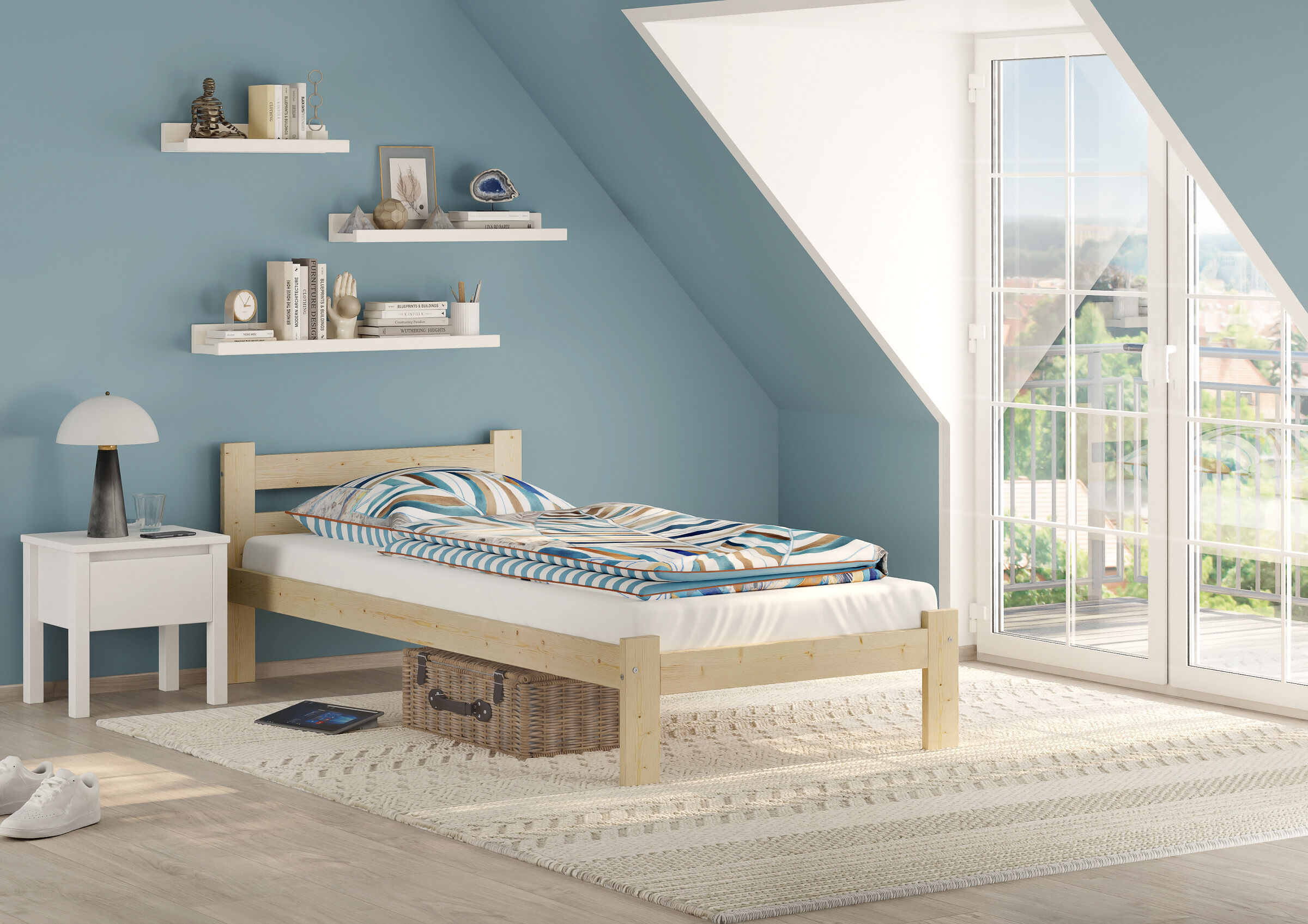 Kinderzimmer, Bettgestell, Holzbett, Blaue Wand, Bücherregal, Schlichtes Einzelbett 90x200 aus Fichte im Schlafzimmer