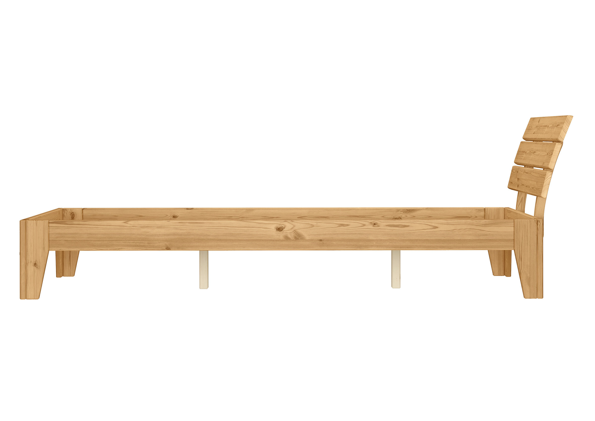 Holzbett, Bettgestell, Holzbettenrahmen, Bettbank, Kieferholz, Detaibild des Echtholzbettes 120x200 aus der Seite