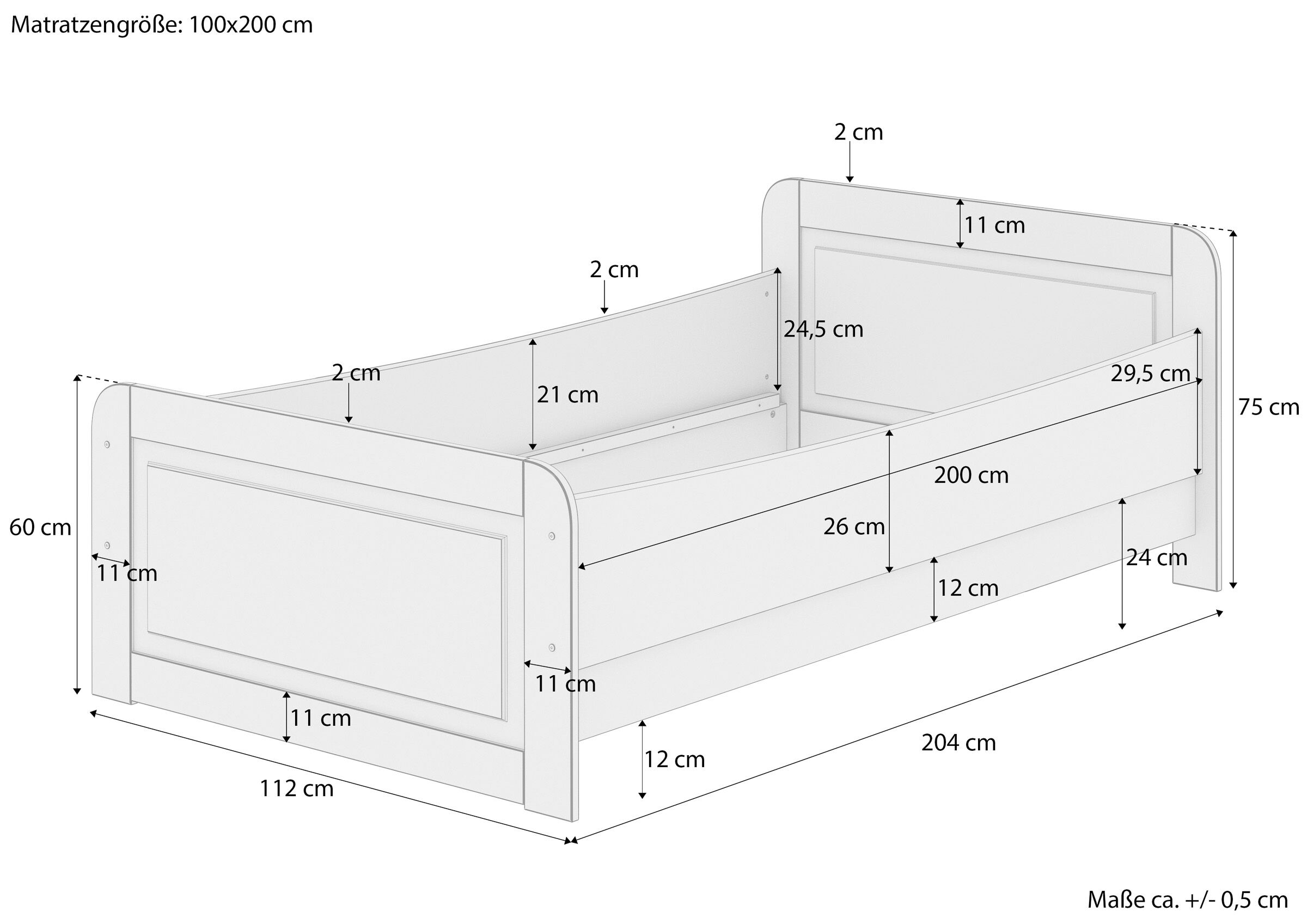 Jugendbett, Schlafbett, Holzbett, Kopfteil, Matratzengröße-100x200, Maßskizze des Seniorenbettes 100x200