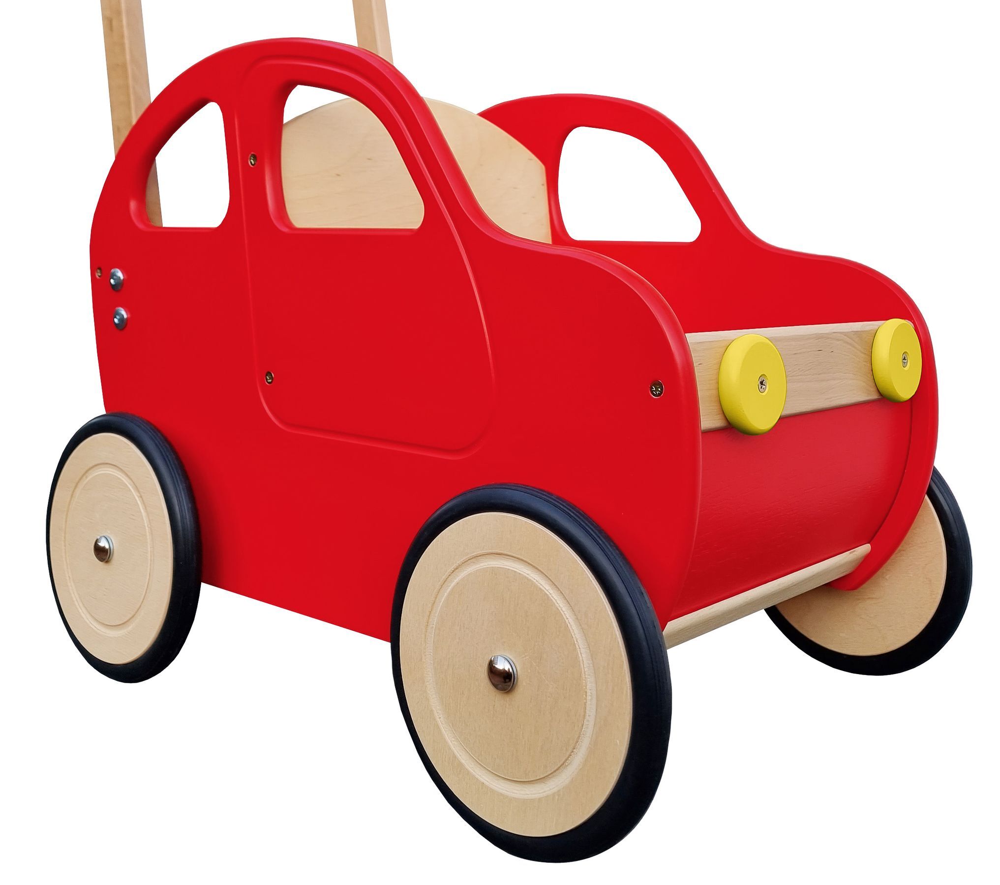 Holzauto, Kinderwagen, Rot, Holzräder, Spielzeug, roter Puppenwagen als Auto designt