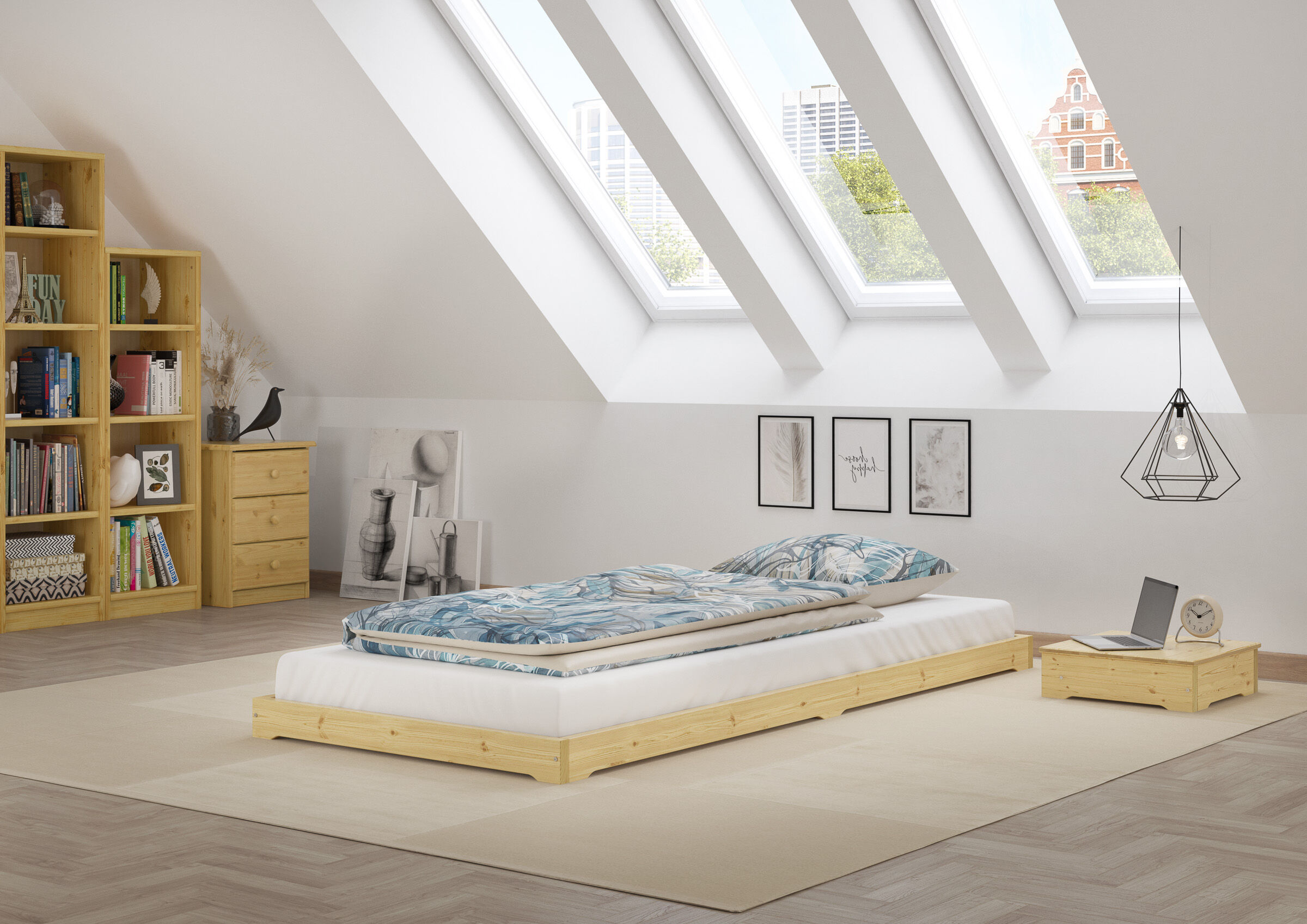 bett, raumliege, Holzbett, Bettgestell, Boho-Design, Zimmerbild des Einzelbettes 90x200 cm