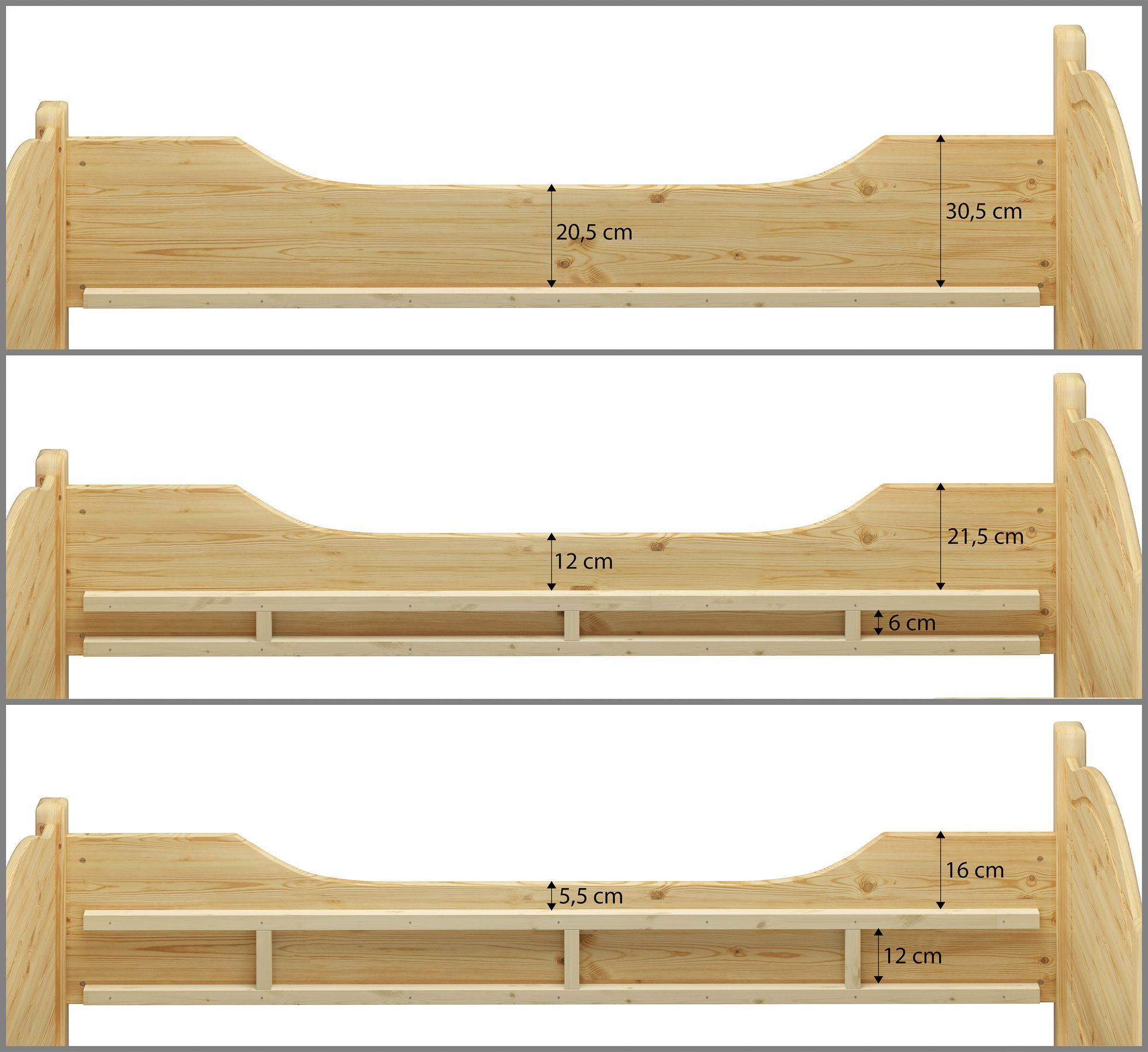Holzbett, Naturholz, Bettgestell, Holzrahmen, Holzlatten, Maße der variabler Einlegetiefe des Holzbettes 120x200