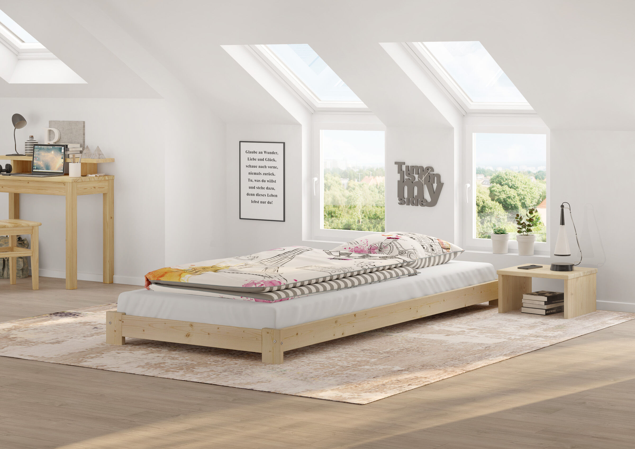 Bett, Holzrahmen, Skylight Zimmer, Wanddeko, Bettwäsche, Schlafzimmerbild des Niederflurbettes 90x200