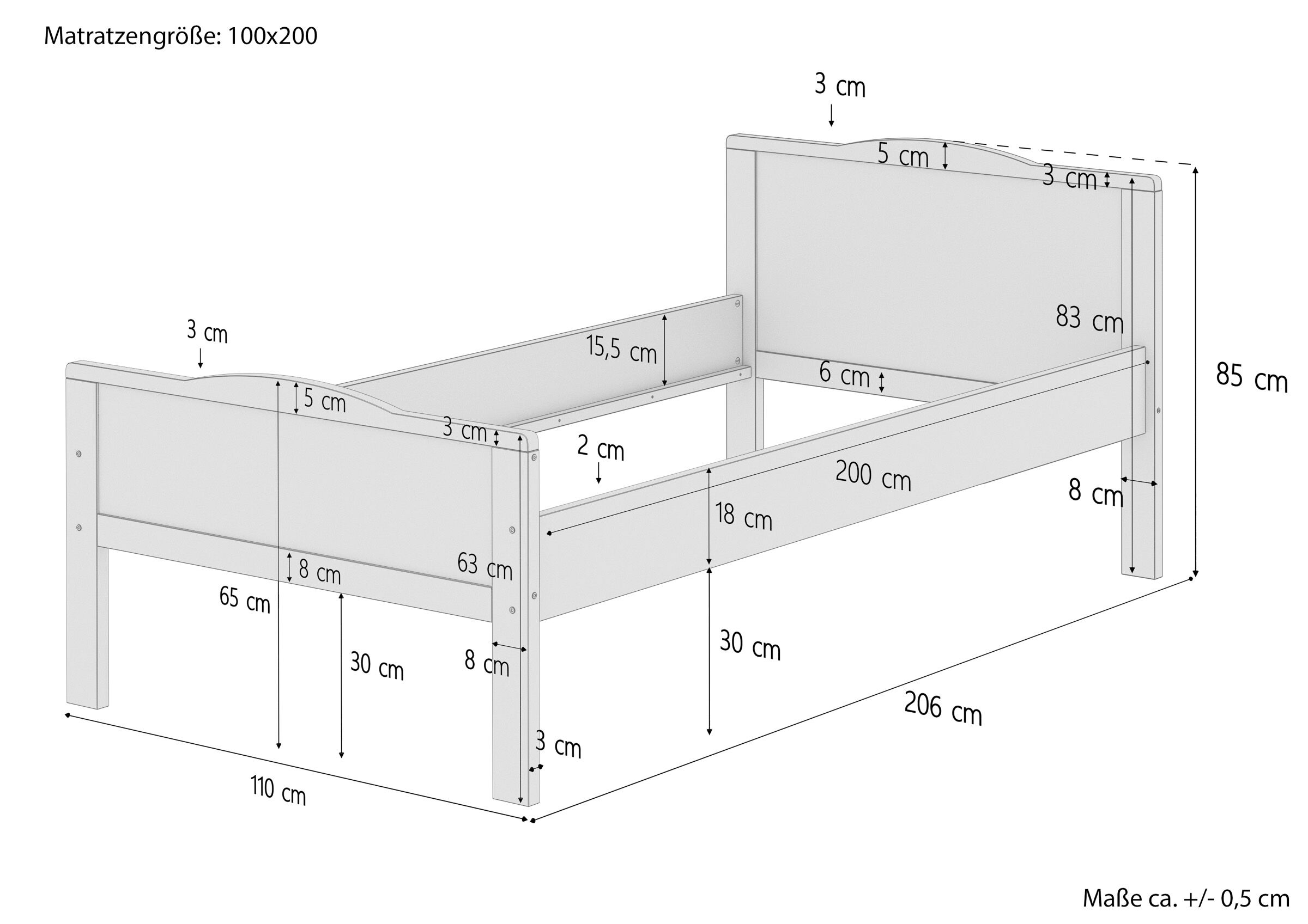 Einzelbett, Kinderbett, Holzbett, Massivholz, Bettgestell, Maßskizze