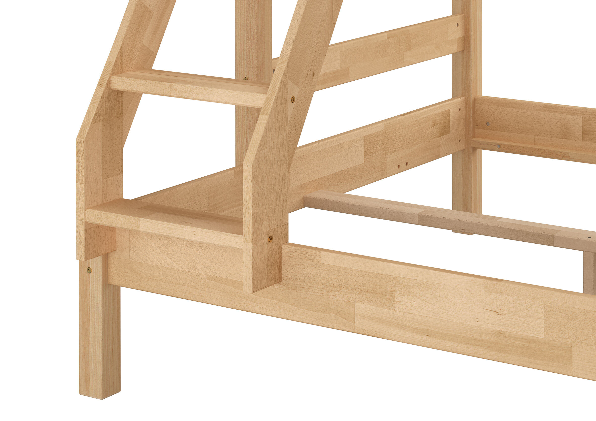 Holzbett, Kiefer, Lattenrost, Rahmen, Holzbettenrahmen, Leiterverbindung am Bettgestell im Detail