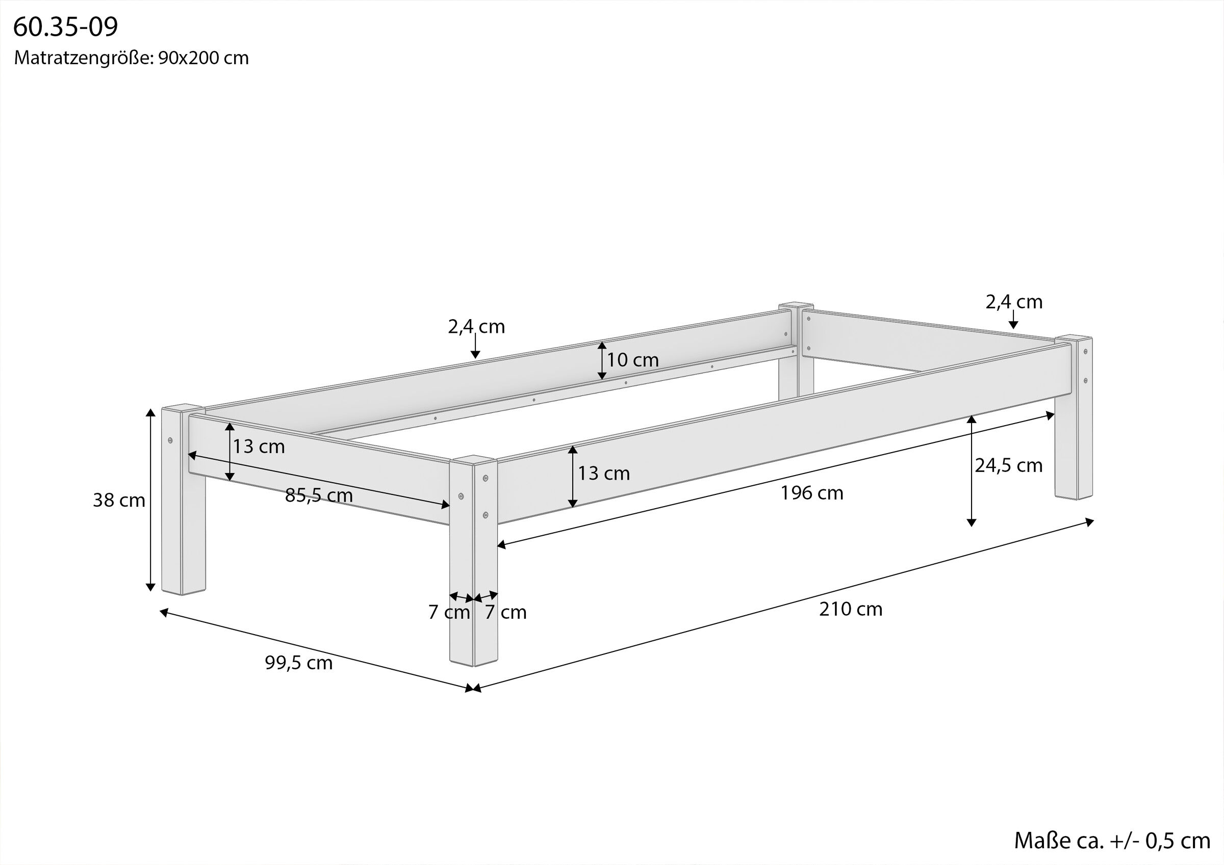 Bett, Holzrahmen, Einzelbett, Bettgestell, Maße 90x200 cm, Maßskizze des Futonbettes 90x200