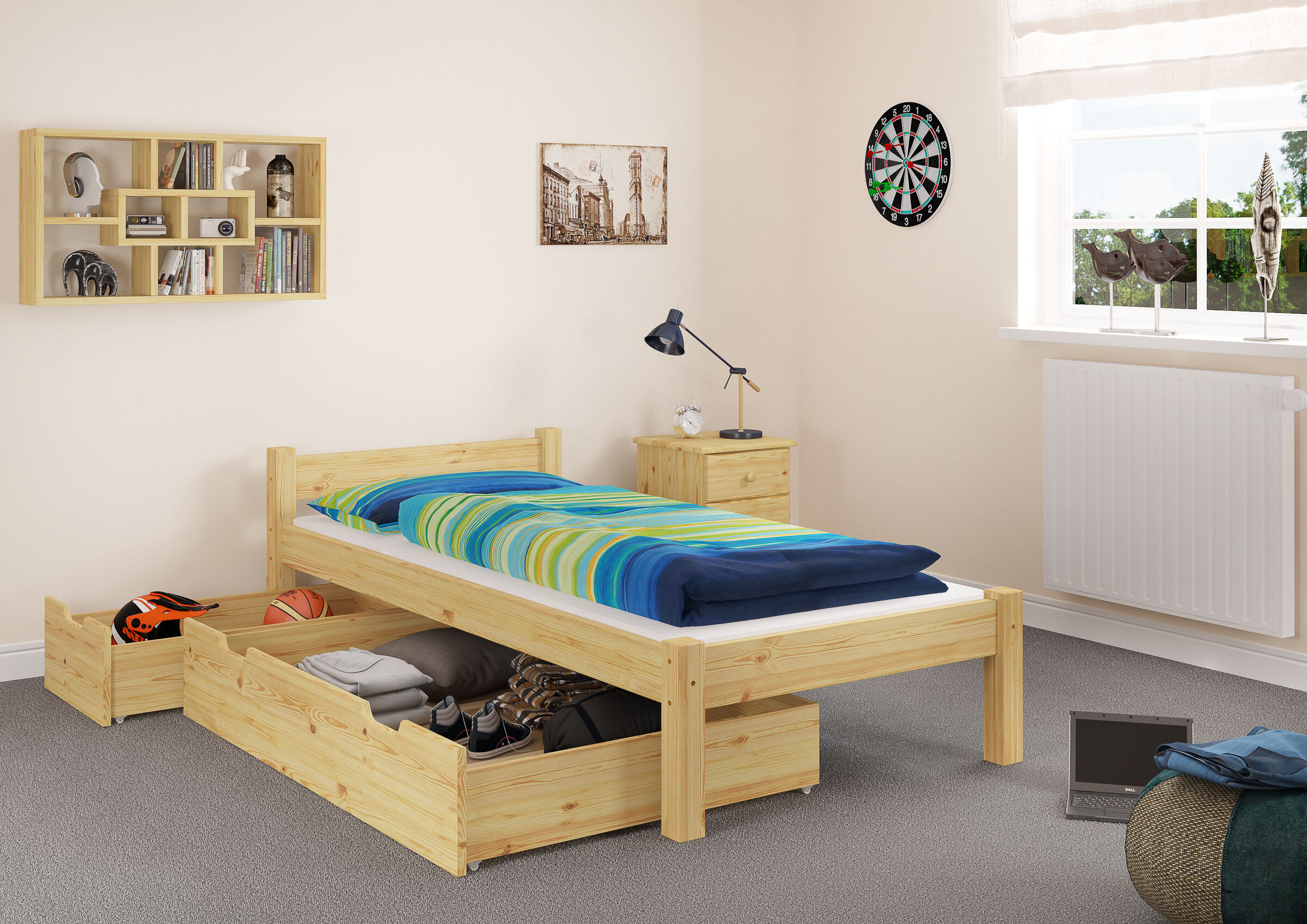 Jungenzimmer, Holzbett, Bett mit Aufbewahrung, Bettgestell, Bettwäsche, Jugendzimmer mit Bett und 2-teiligem Bettkasten natur