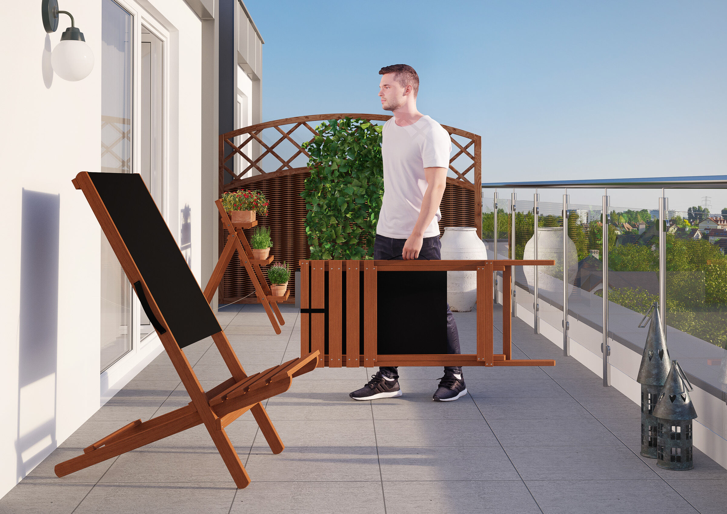 Terrasse, Liegestuhl, Klappbarer Tisch, Outdoor-Setup, Pflanzen, zusammenklappbarer Balkonhocker schwarz