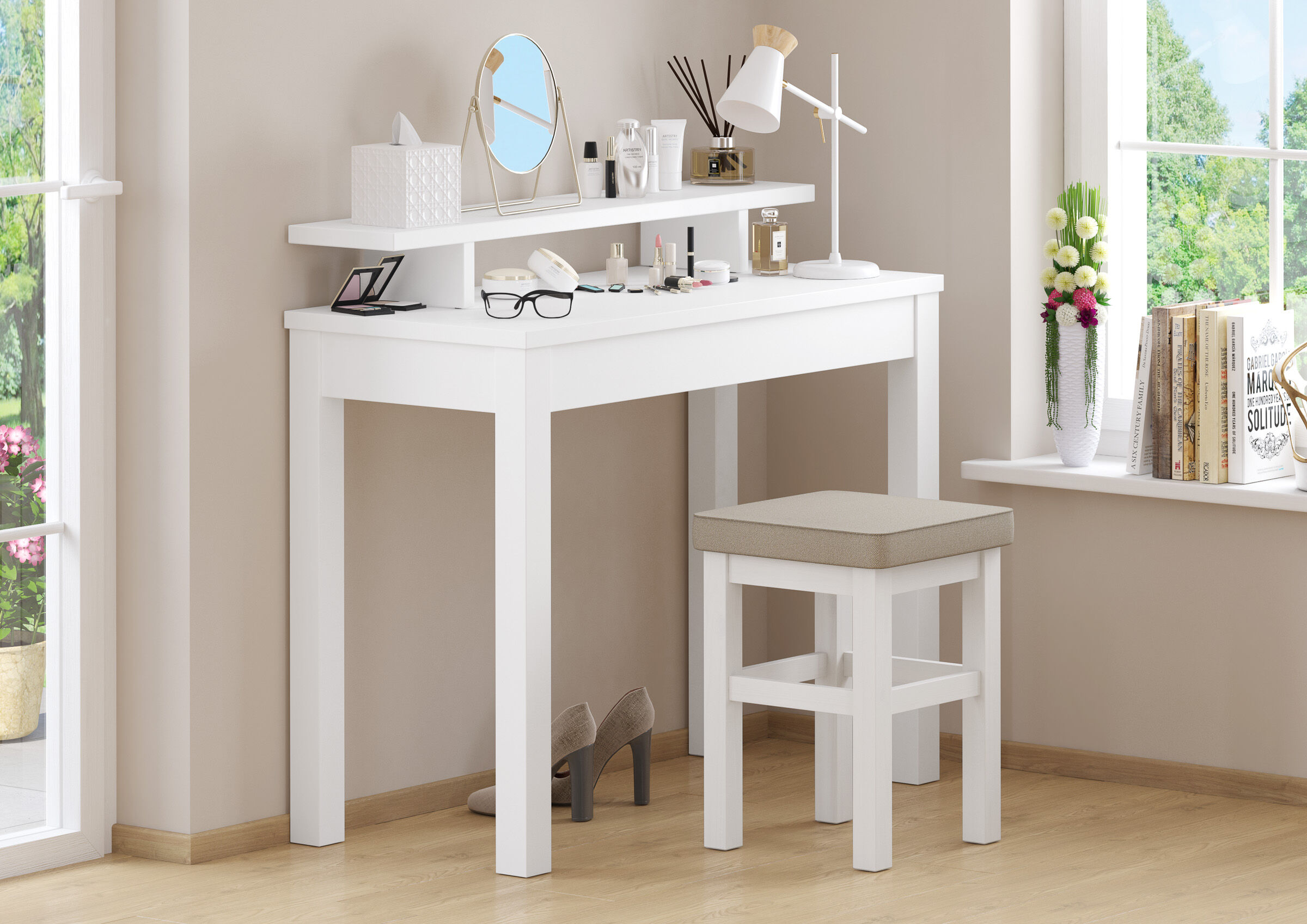 Schminktisch, Vitrine?, Spiegel, Make-up, Tisch, Klassischer Schminktisch 100x45 mit Erhöhung