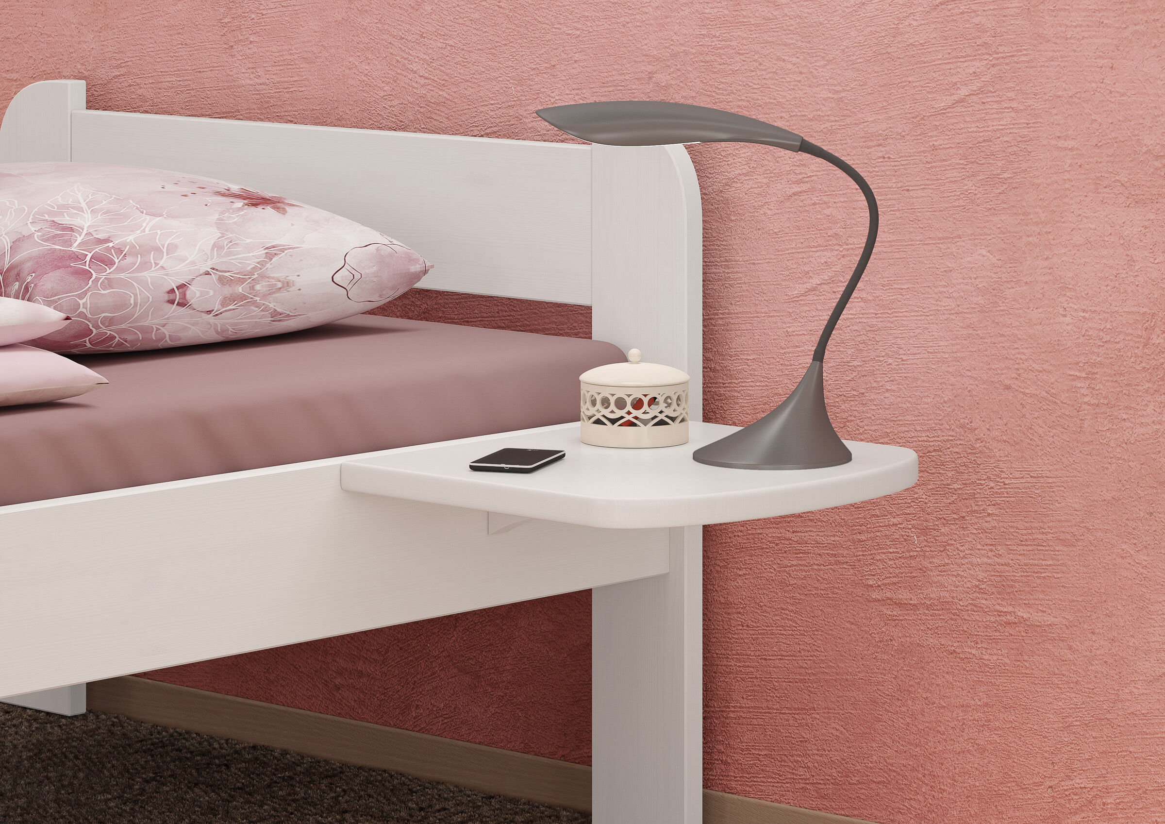 Bett, Nachtisch, Tischlampe, Leder, Kissen, Bettablage weiß