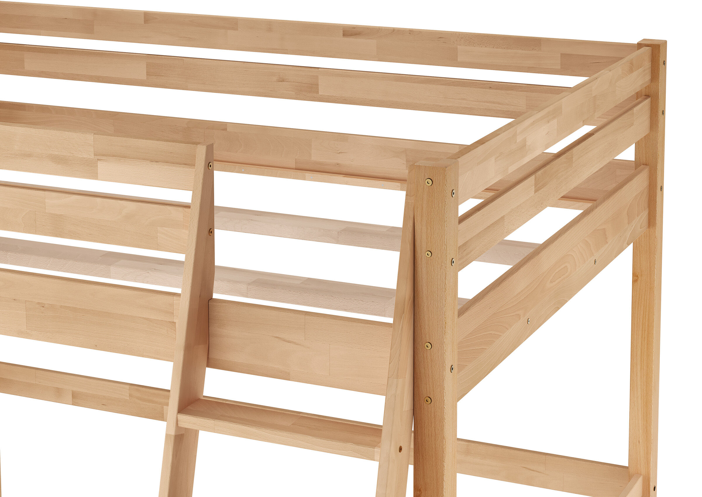 Holz, Etagenbett, Kiefernholz, Holzbett, Holzgestell, Stabile Verbindung des Hochbettes im Detail
