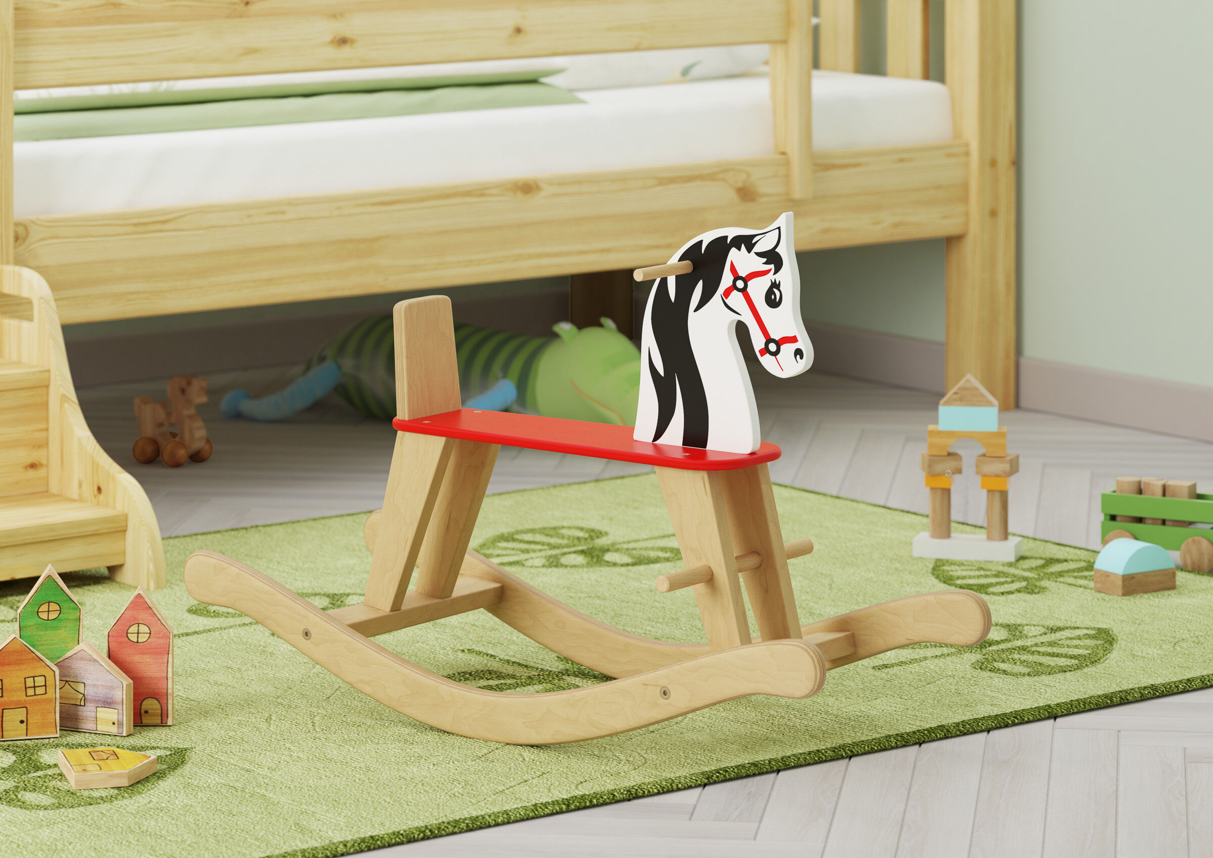 rutschendes pferd,  houten spielzeug,  spielpferd,  rote sitzfläche,  spielzimmer dekoration, Holz-Schaukelpferd-Kleinkinder