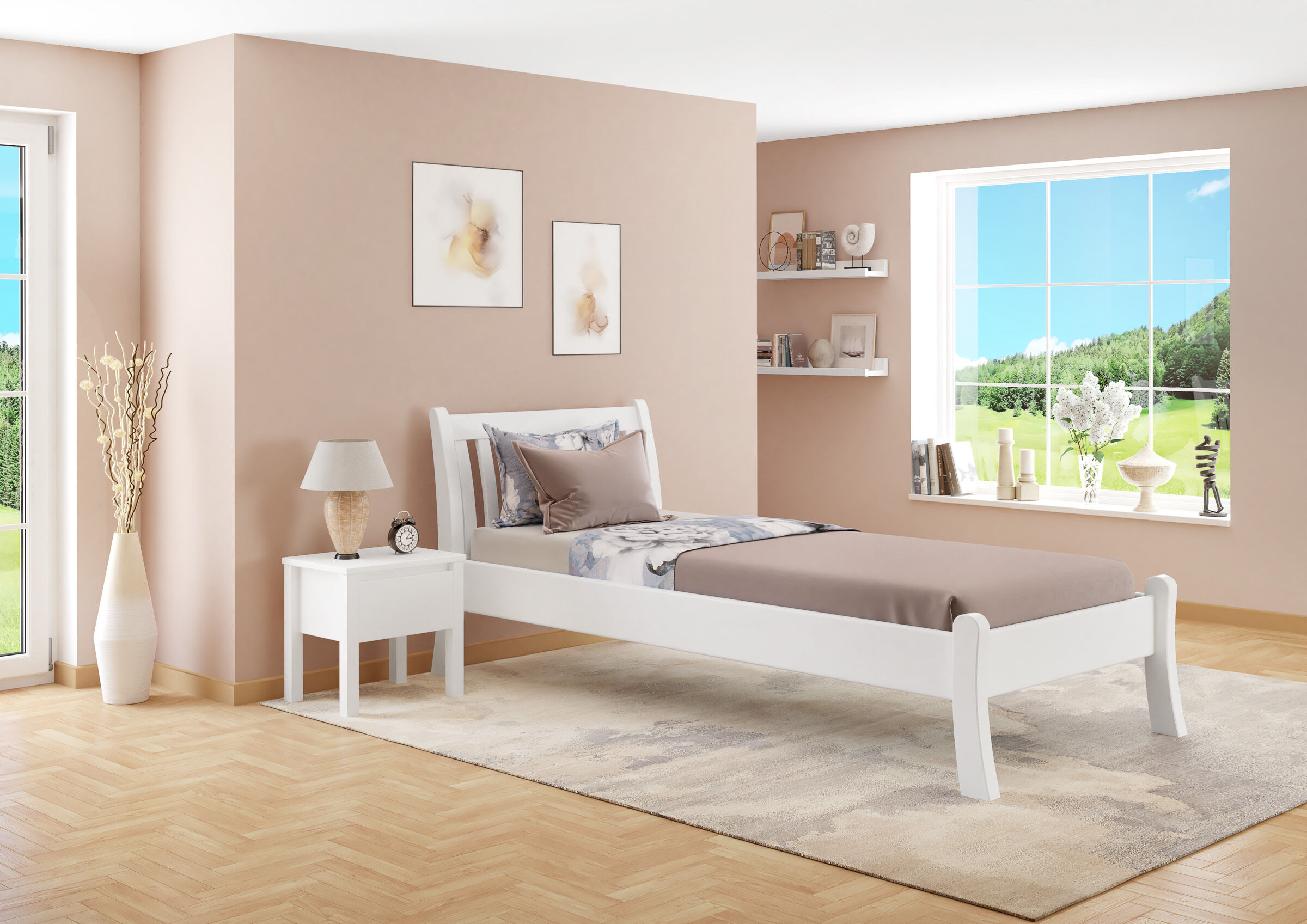 bett, zimmer, bettgestell, lampe, tisch, Zimmerbild geschwungenes Kiefer Bett weiß