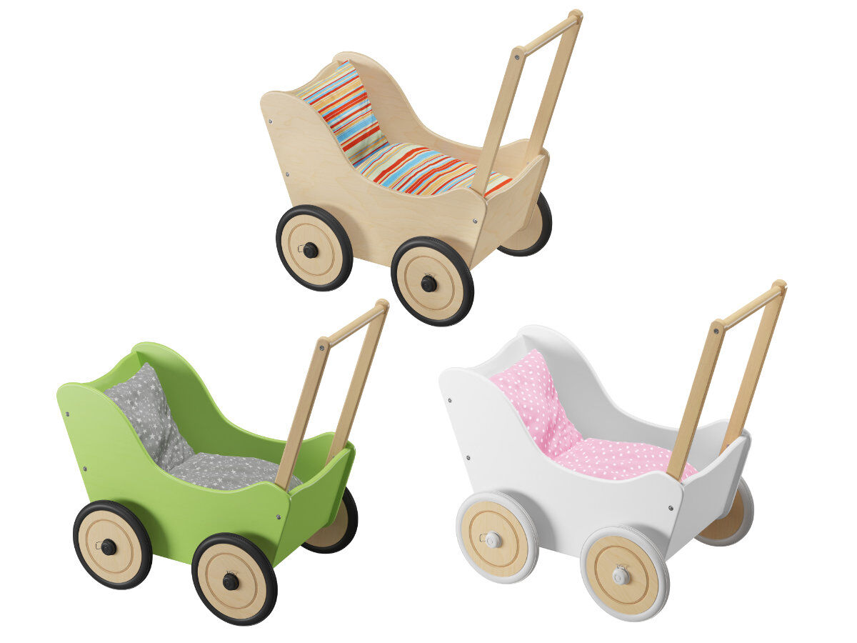 Holzwagen, Kinderwagen, Wagen, Raue Holz, bedruckte Kissen, Lauflernhilfe-Puppenwagen-Kinder