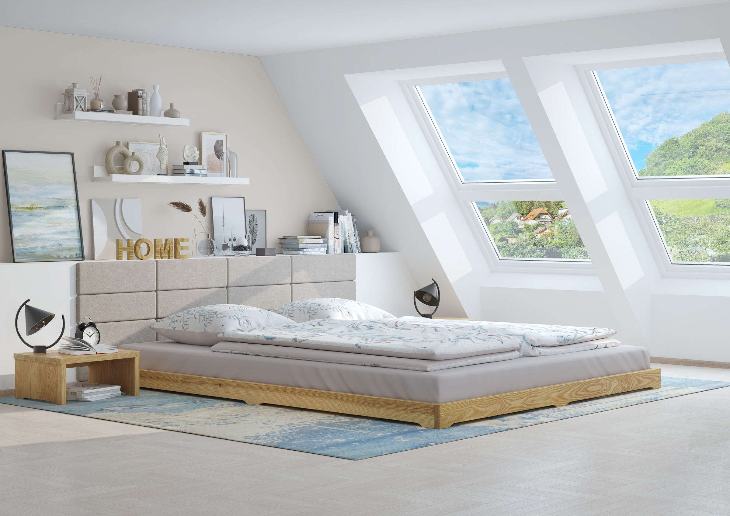 Bett, Bettgestell, Kopfteil, Kissen, Schlafzimmer, Futonbett 180x200 aus Esche