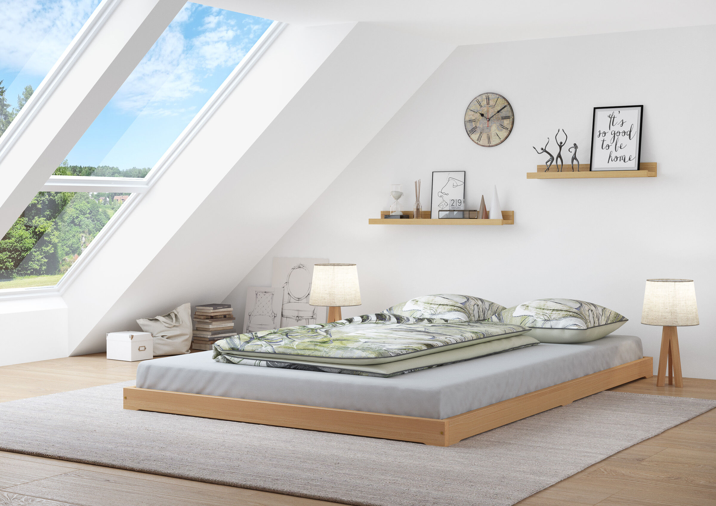 betttop, doppelbett, zimmerlampe, bodenlampe, winkelzimmer, Zimmerbild Bodenbett Buche natur
