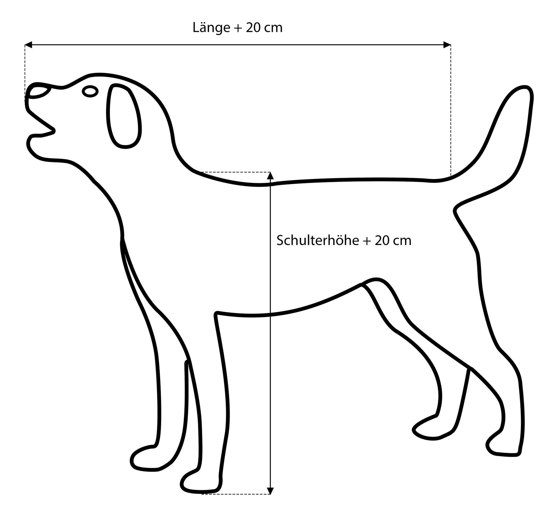 Hund, Outline, Schnauzenform?, Schulterhöhe, Länge+20cm, Hundgröße 100x60 Schema