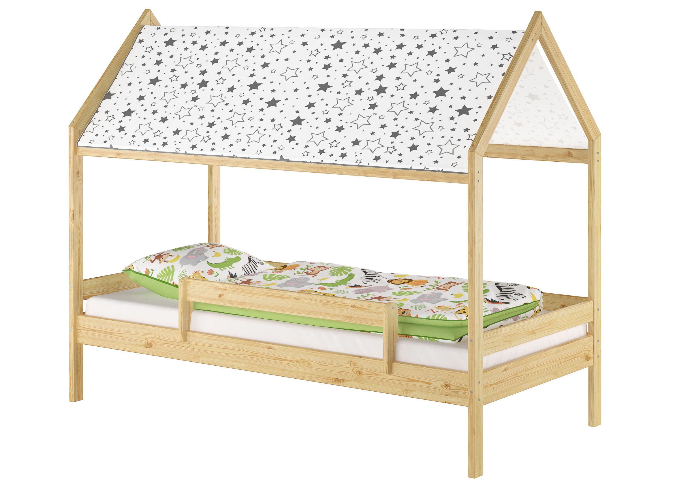 hochbett, holzgestell, bettgestell, betthaupt, stoffbezug, Holzbett mit Dach und Kindersicherung Kiefer natur