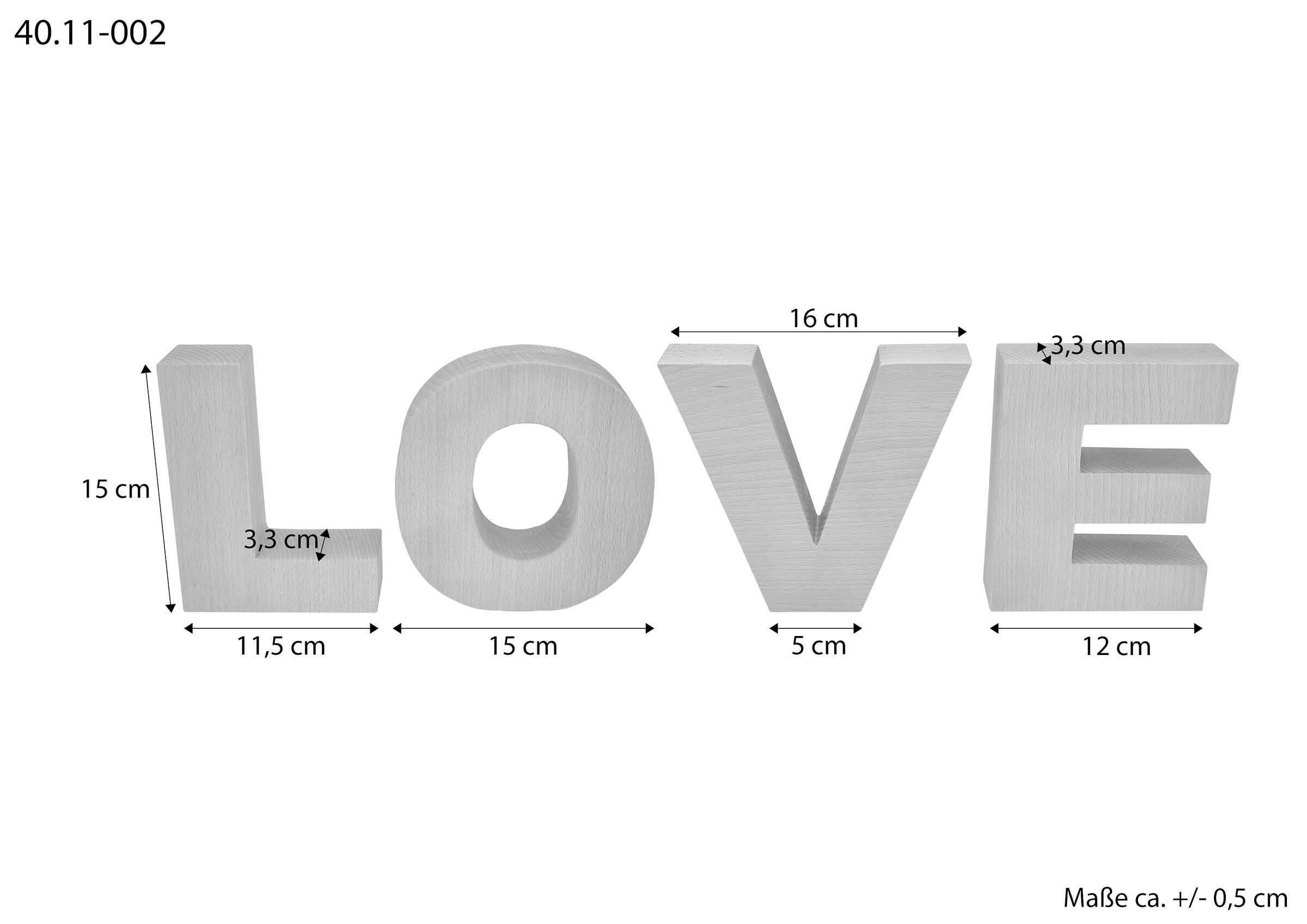Holzbuchstaben, LOVE-Schriftzug, Wohnaccessoire, Blockbuchstaben, Maße 15x15 cm, Maßskizze der Massivholzbuchstaben LOVE