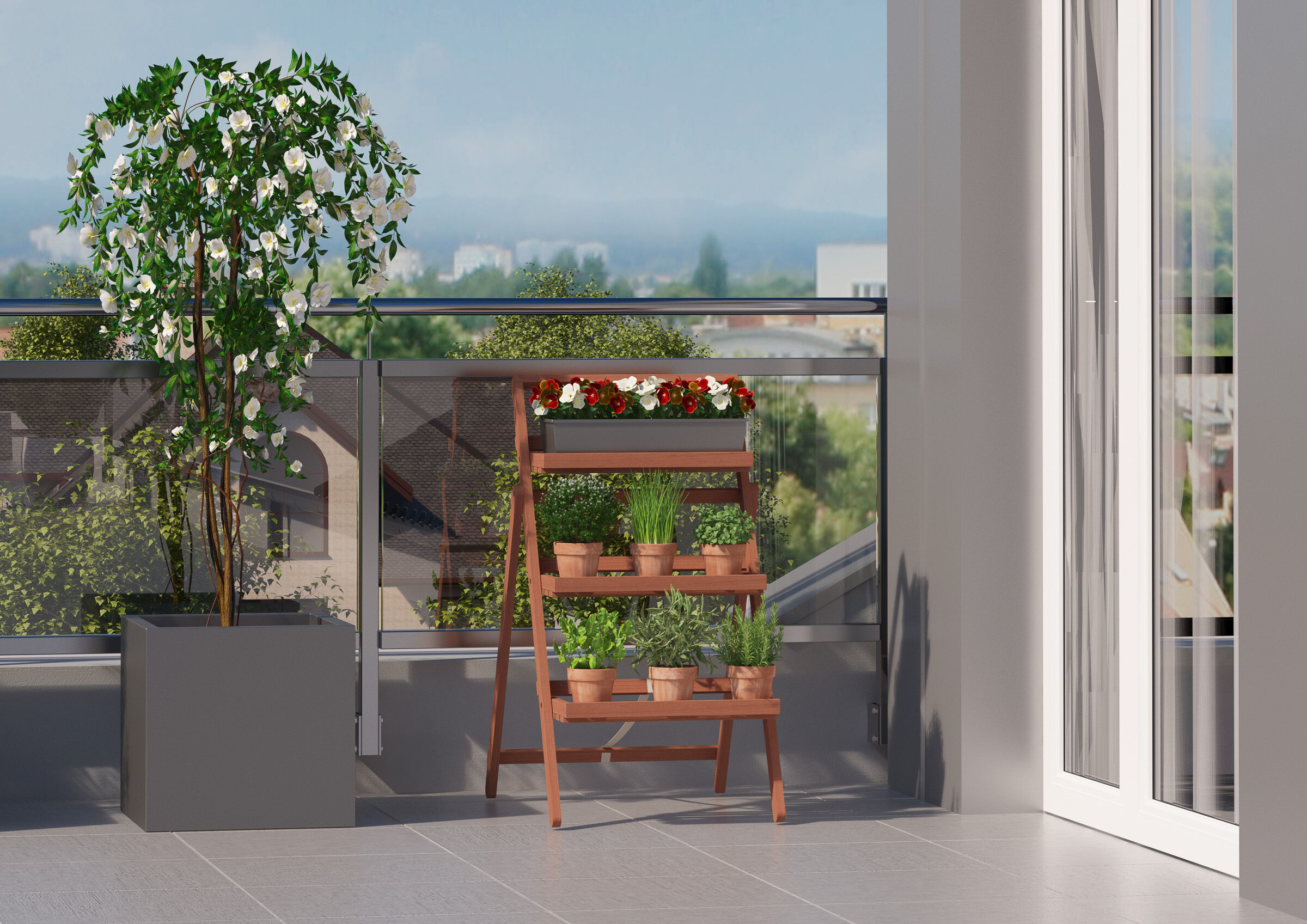 blumenständer, pflanzentrog, pflanzenregal, balcony garden, pflanzenregal, Planzenregal aus Buche am Balkon