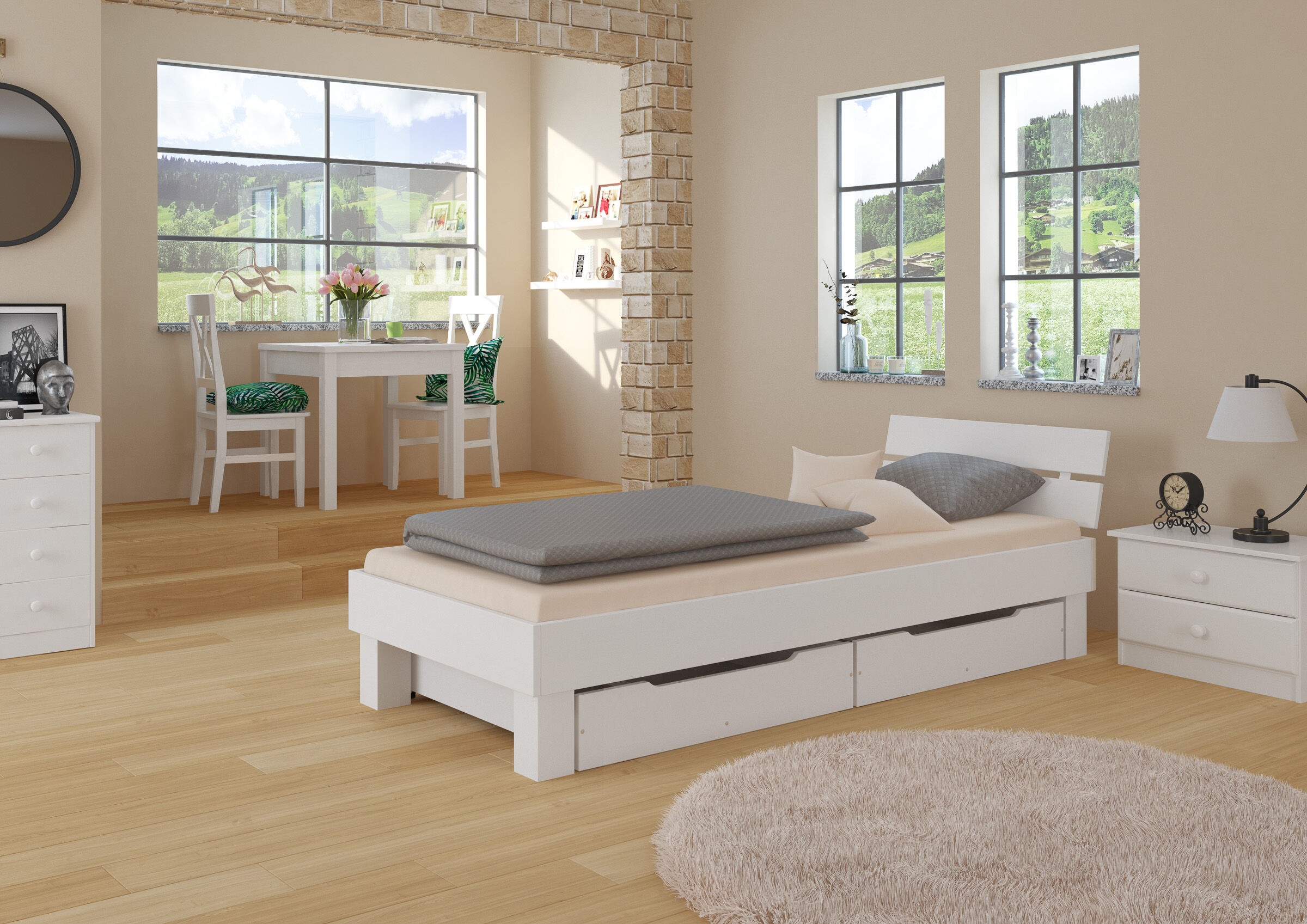 Bett, weiße Möbel, Holzboden, Nachttisch, Schlafsofa-Aufbewahrung,