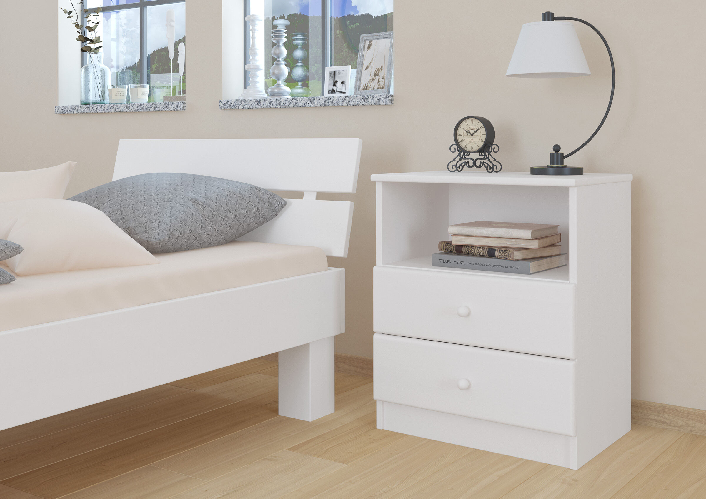 Bettenrahmen, Nachttisch, Weiß, Holzboden, Kopfleiste, Nachttisch Zimmer weiß