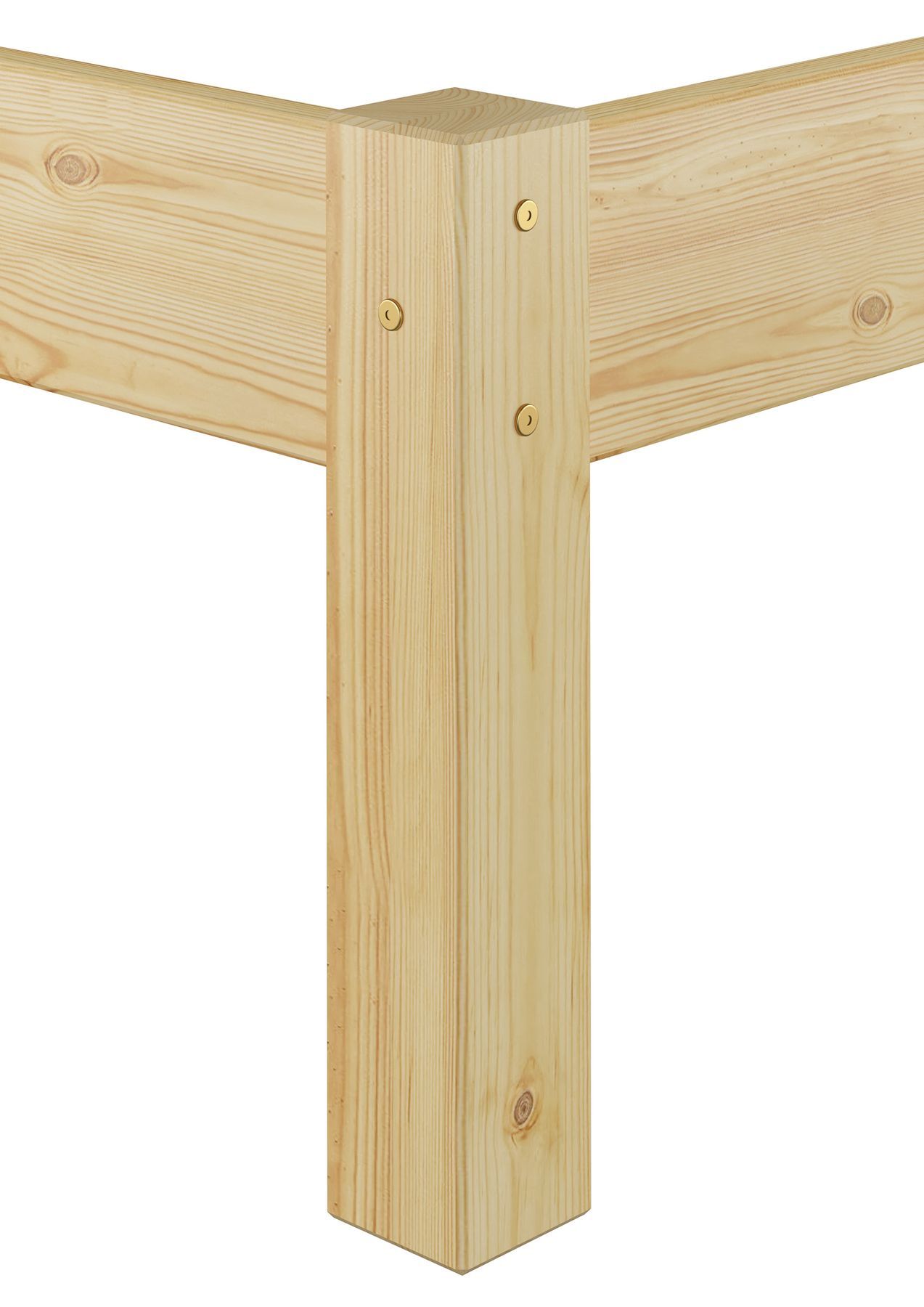 Holzpfosten, Holzbalken, Holzwerk, Holzstruktur, Kastenpfosten, Detailbild des Echtholzbettes 180x200