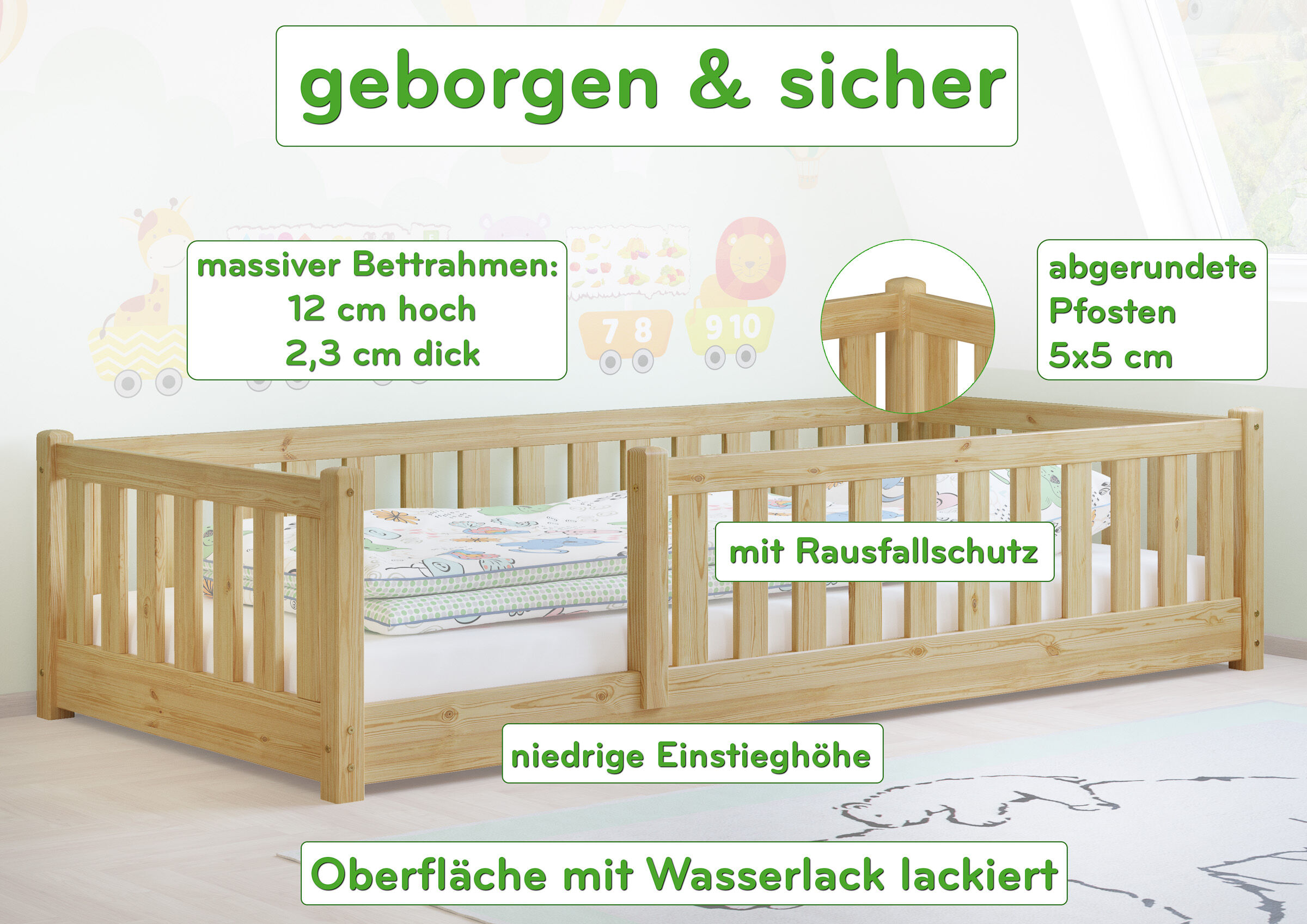 Holzbettrahmen, Babybett, Massivholz, Niedrige Einstiegs Höhe, Wasserlackiert, Highlights des Kinderbettes 90x200 aus Kiefer