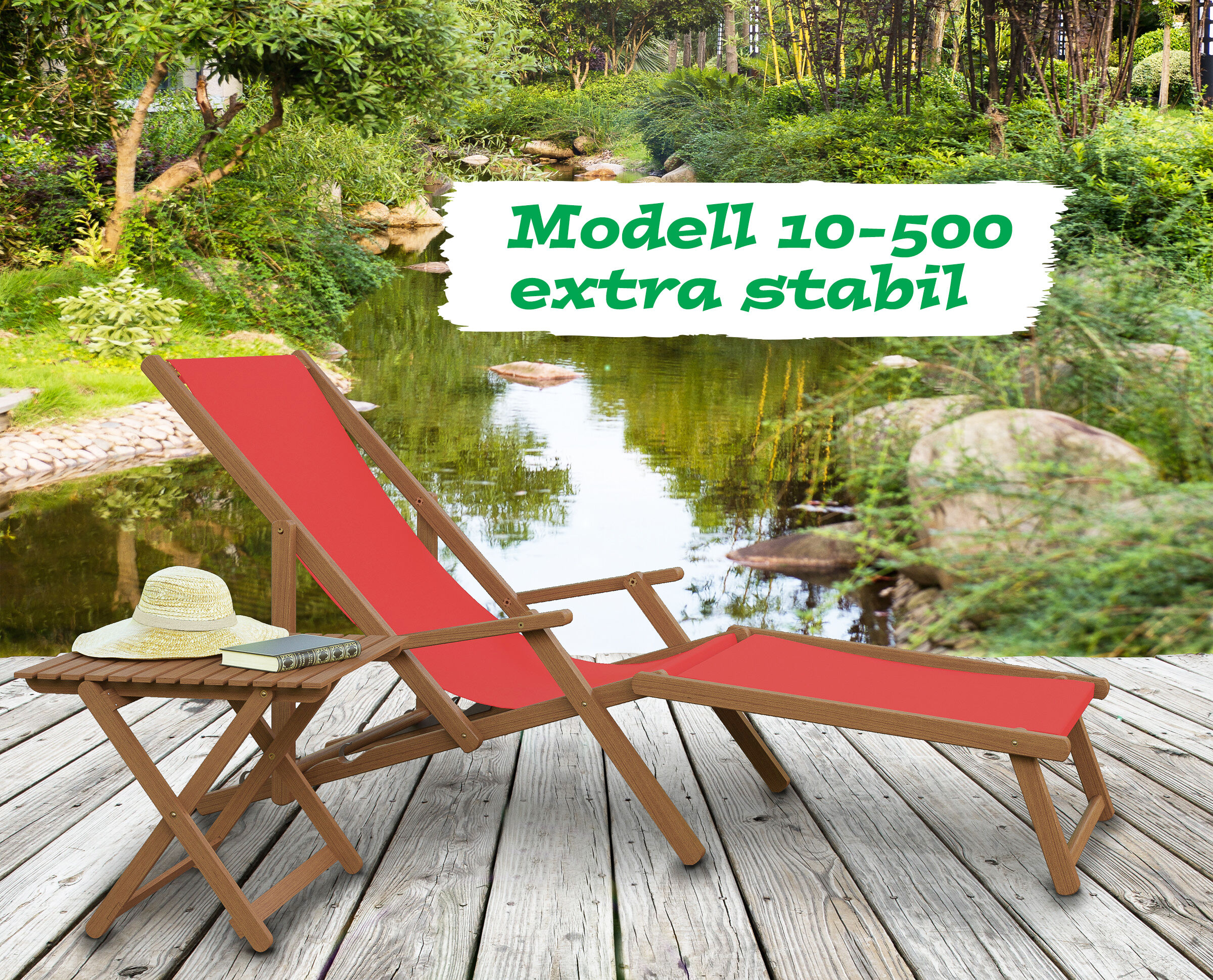 Loungesessel, Liegestuhl, Rotes Gewebe, Holzrahmen, Garten, Sonnenhut, Buch,