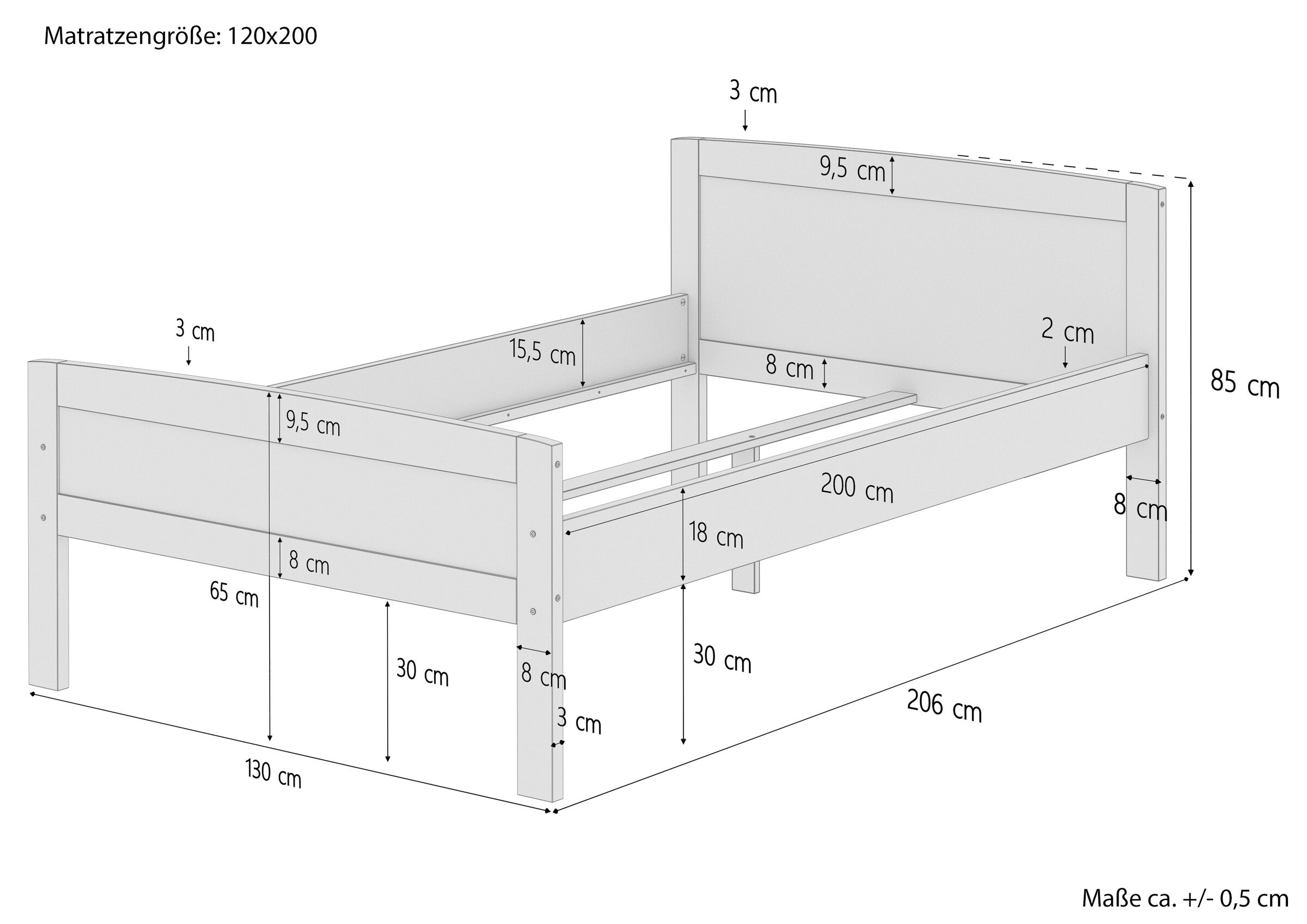 Bett, Juniorbett, Holzbett, Rahmenbett, Liegefläche 200 cm, Maßskizze
