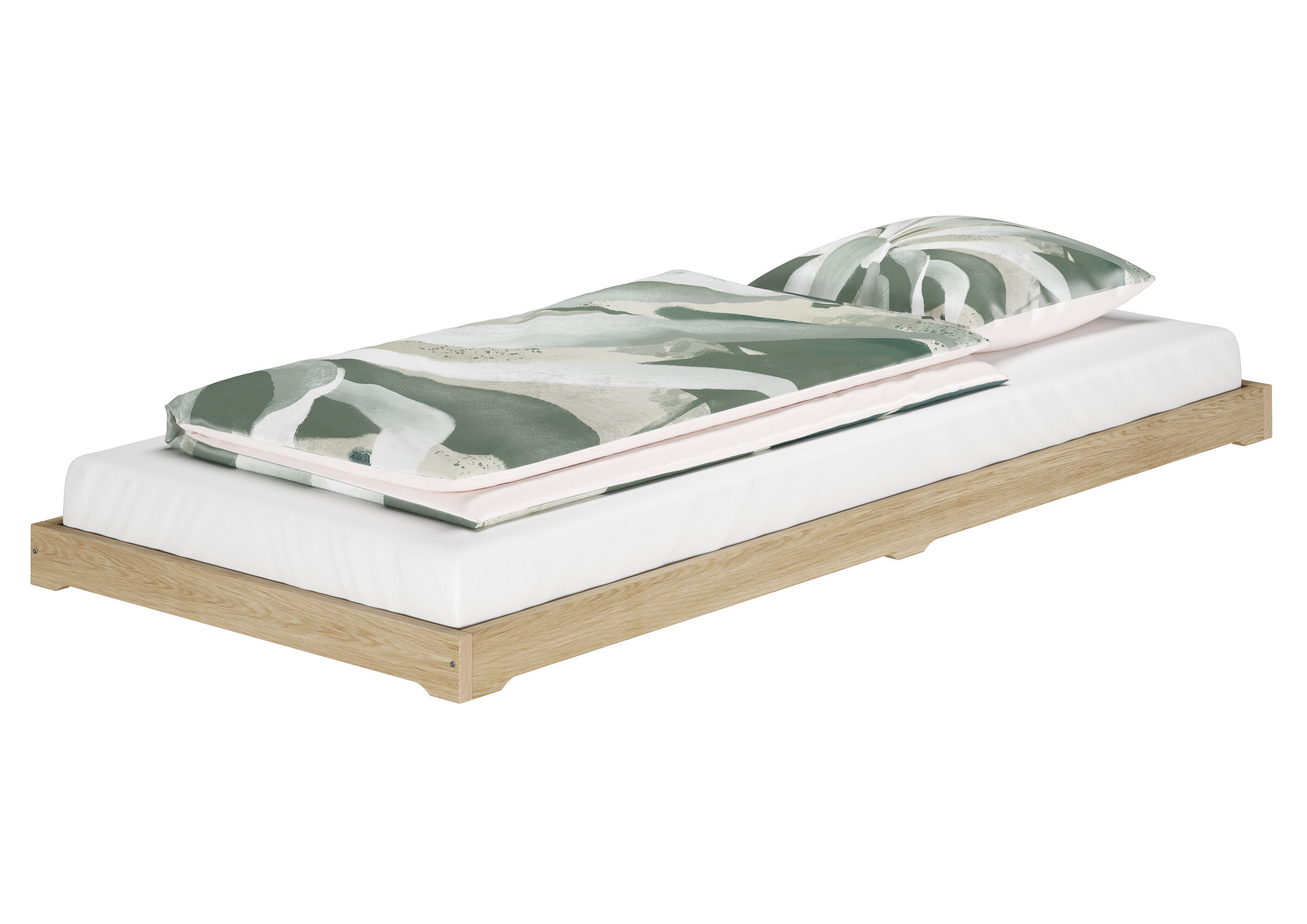 Betttuch, Bettwäsche, Holzbettgestell, Muster, Kissenbezug, Niederflurbett Esche geölt