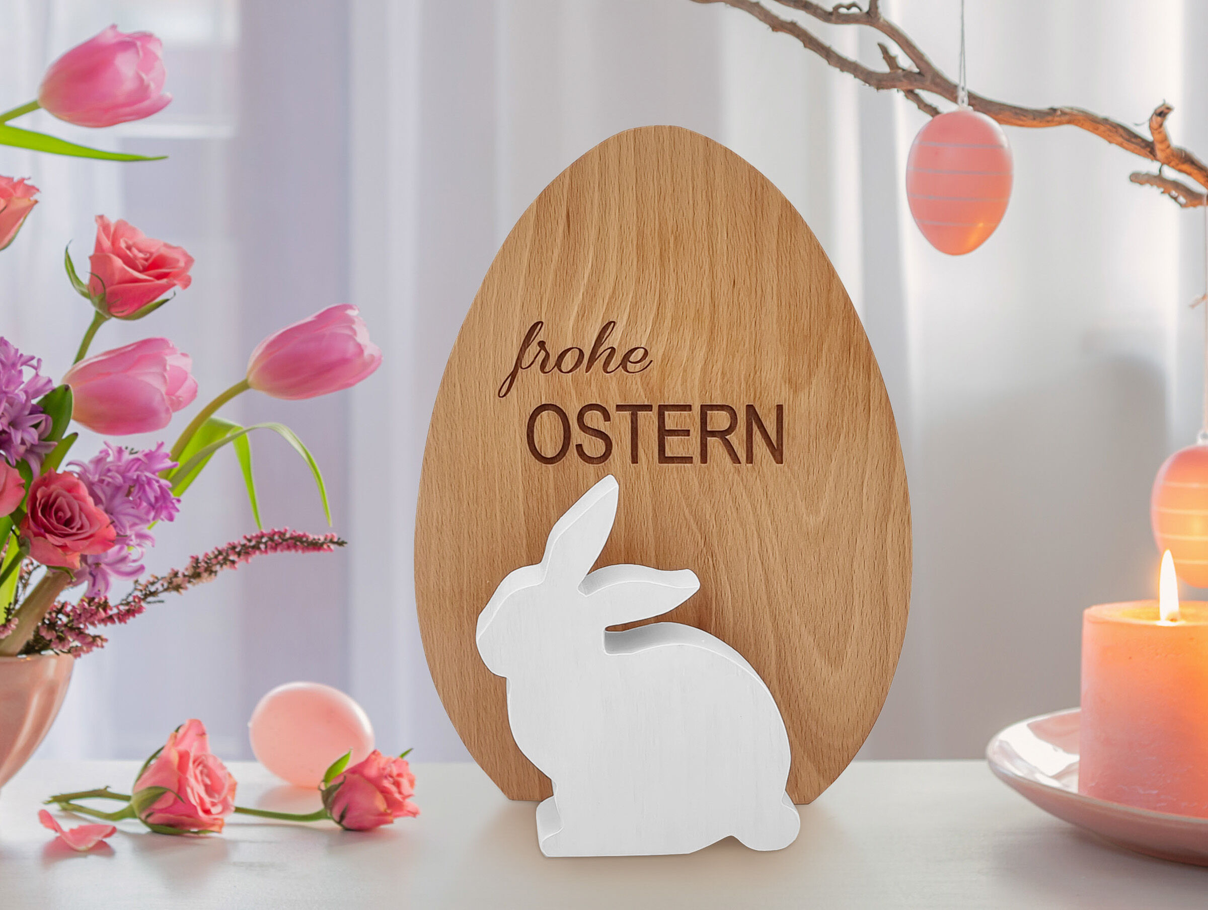 Holzei, weißer Holzhase, Osterdeko