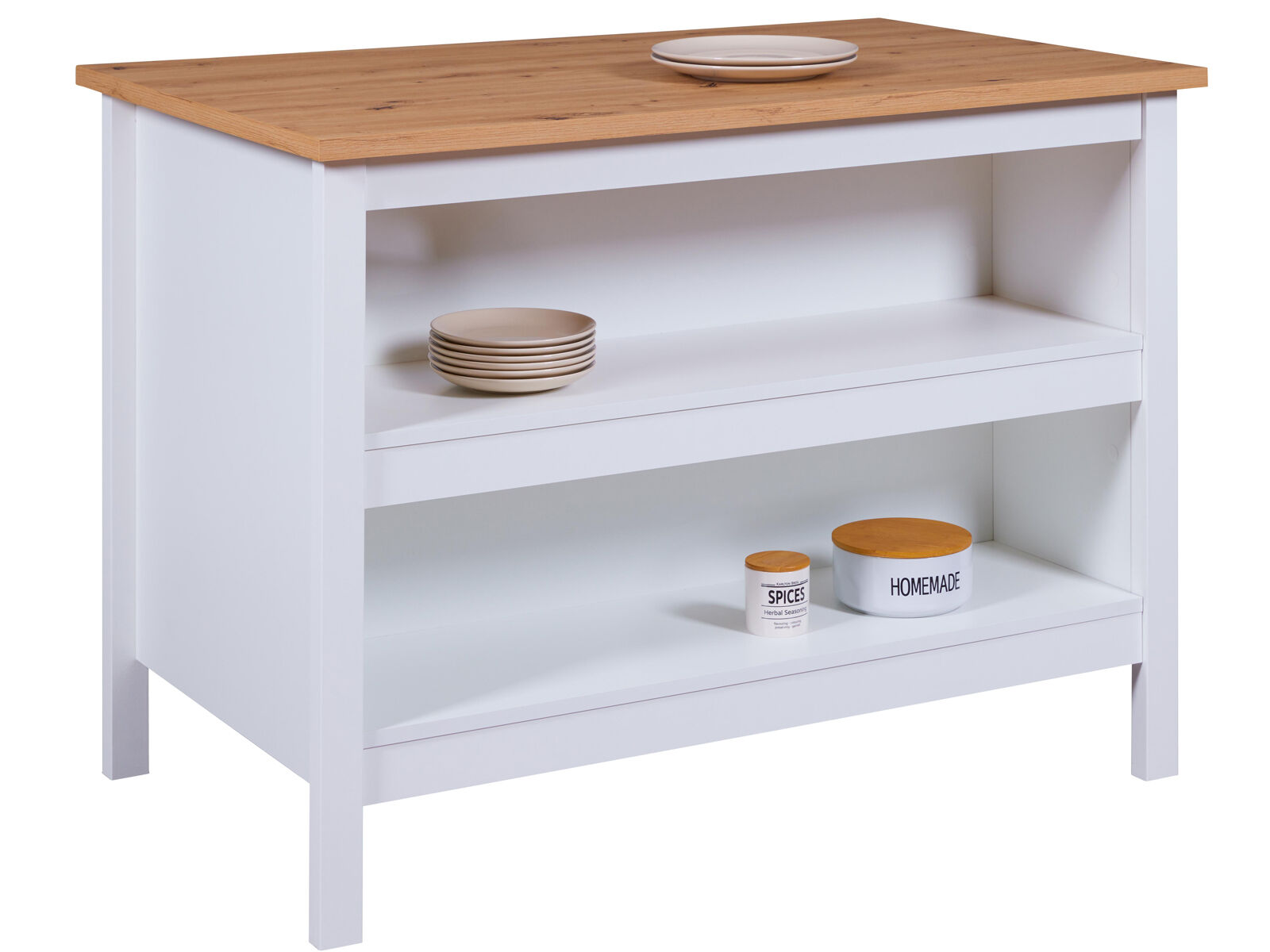 Highboard, Kücheninsel, Weiße Schrankfläche, Holzplatte, offeneregale, Küchentisch weiß mit 2 Ablachefächern und Platten oben natur