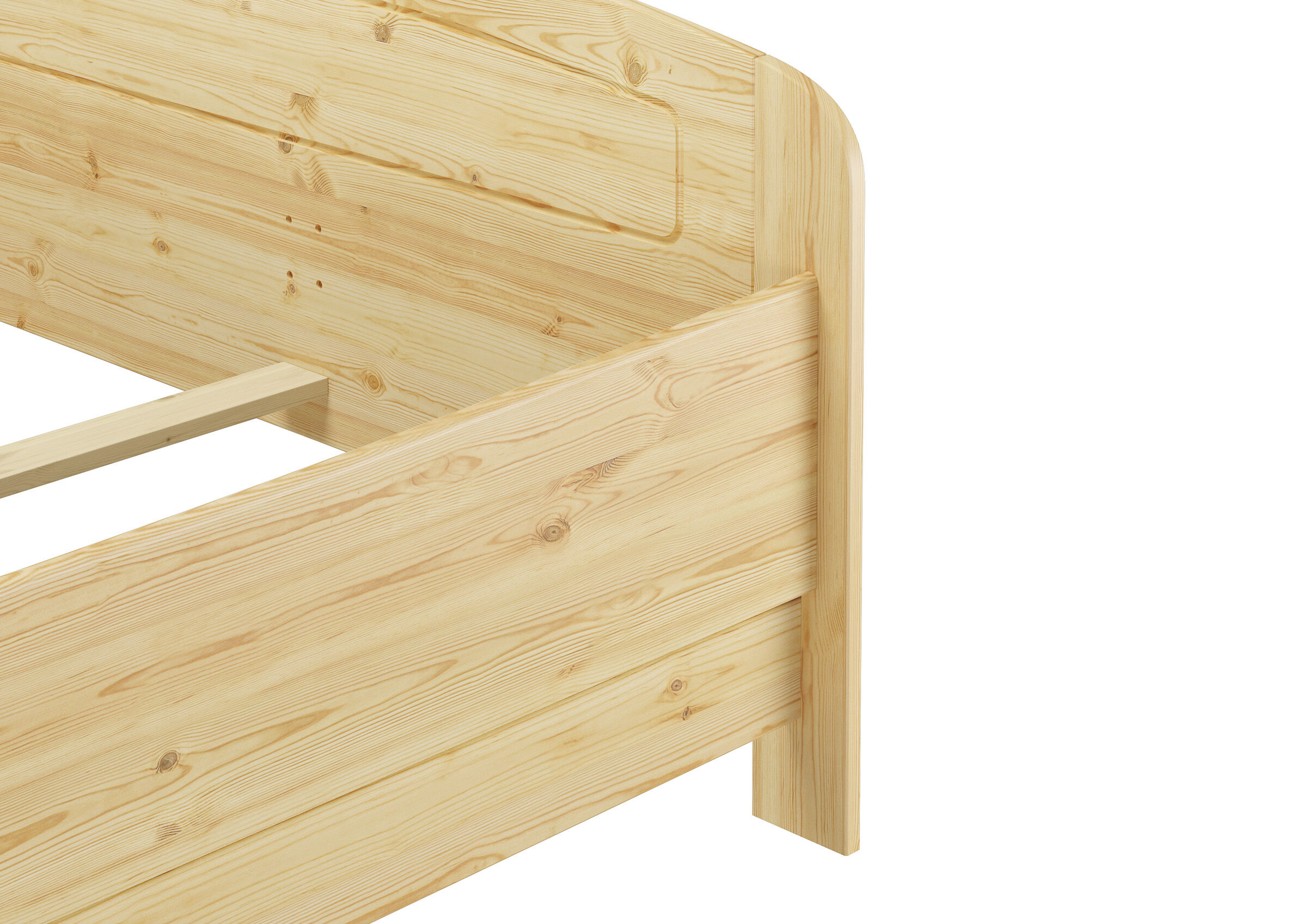 holzbetten, holzbettenrahmen, natürliche holzoptik, einzelbett, lattenrosthalterung, Dezente Einkerbungen an der Kopflehne des überlange Doppelbettes