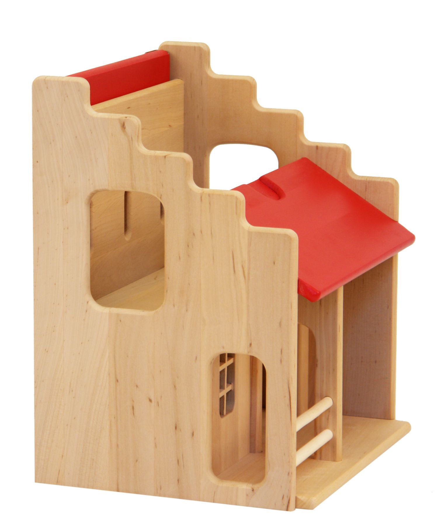 Holzspielzeug, Klettburg, Puppenhaus, Holzhaus, Rotes Dach, Zubehör für Ritterburg