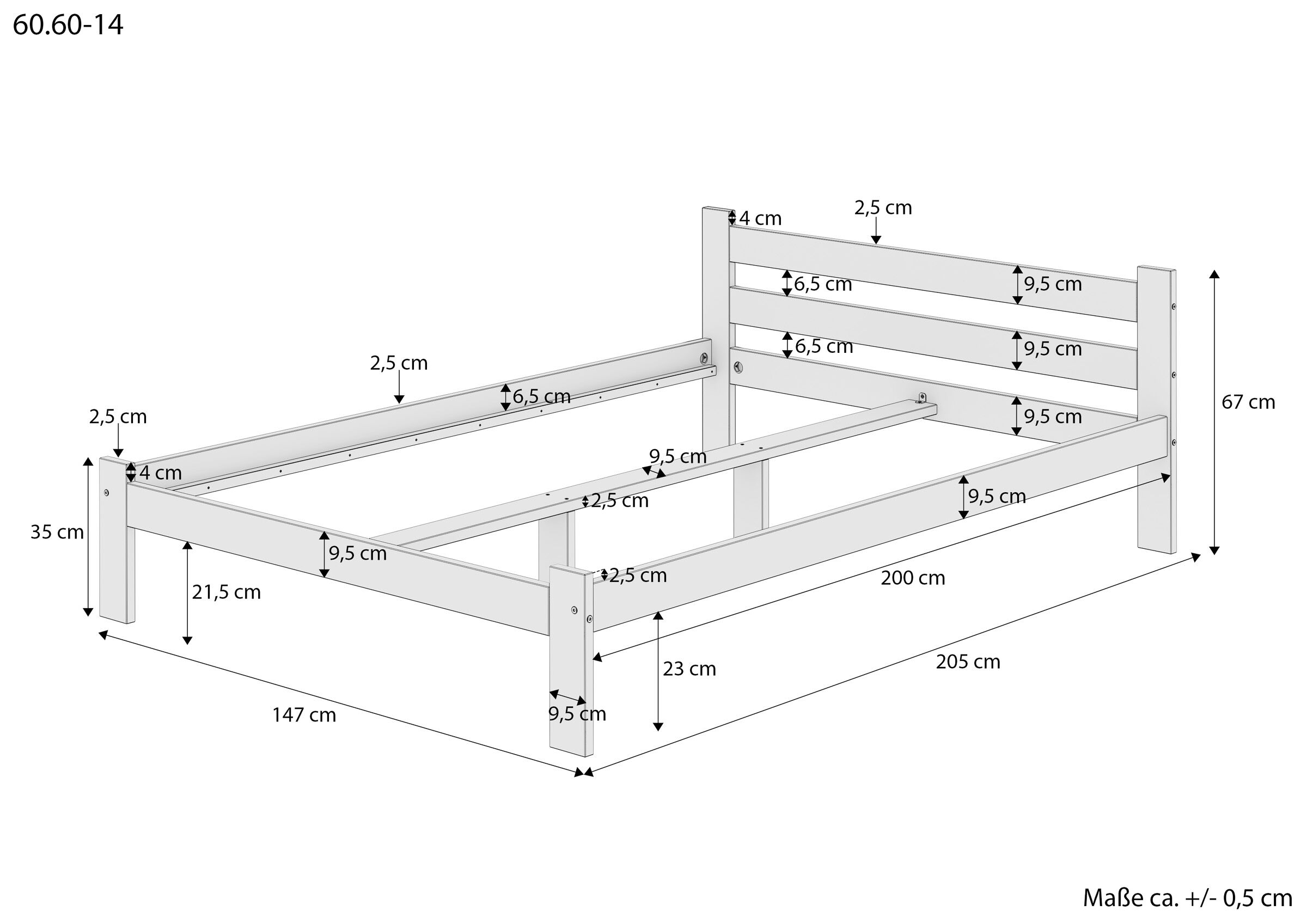 Holz-Bettgestell, Holzbett, Holzrahmen, Massivholz, Bettkonstruktion, Massivholz Doppelbett 140x200 mit Maße