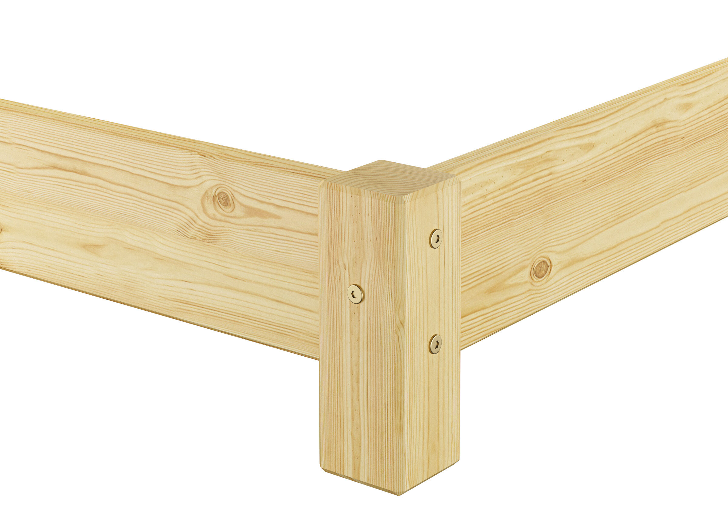 Holzpfosten, Holzbalken, Kiefernholz, Baumarkt, Möbelholz, Detailbild der Verbindung des Ehebettes 200x200